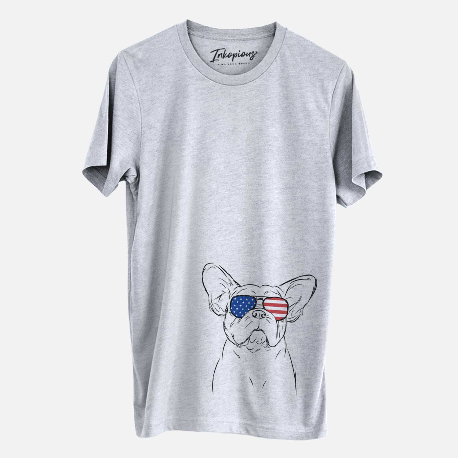Hand-drawn sketch of Pierre the French Bulldog wearing American flag sunglasses on a Grey Unisex crewneck