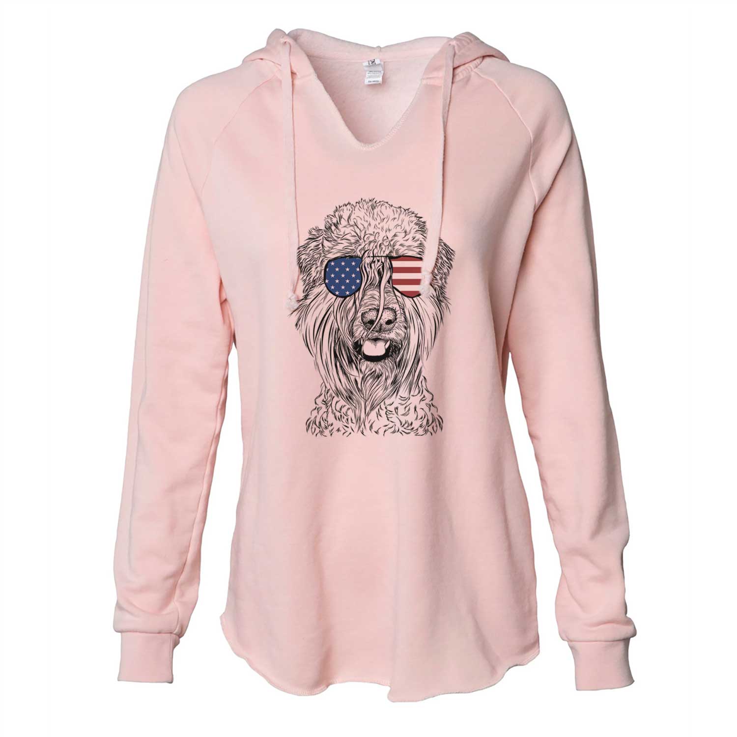 Hand-drawn sketch of Pierre the Soft Coated Wheaten Terrier wearing American flag sunglasses on a Blush Cali Wave Hooded Sweatshirt