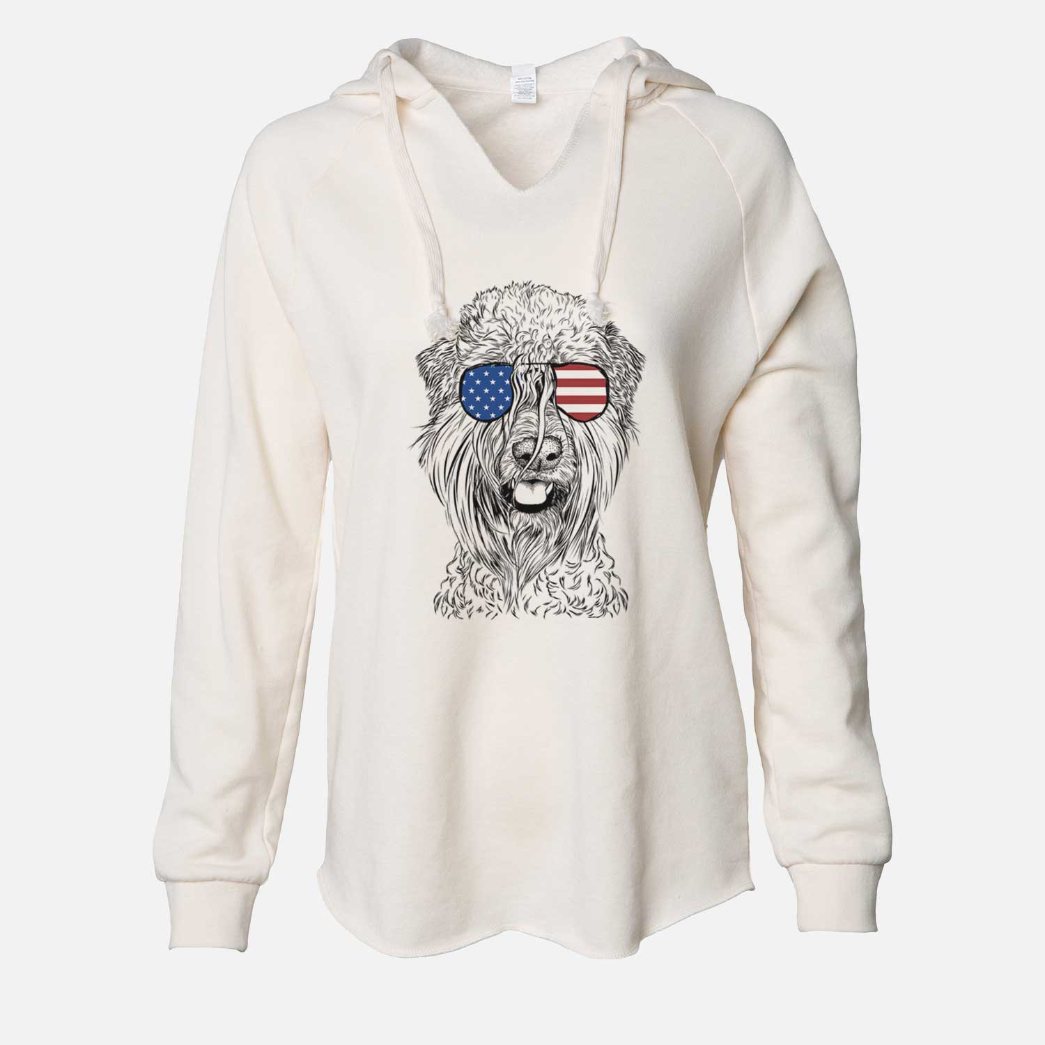 Hand-drawn sketch of Pierre the Soft Coated Wheaten Terrier wearing American flag sunglasses on a Bone Cali Wave Hooded Sweatshirt
