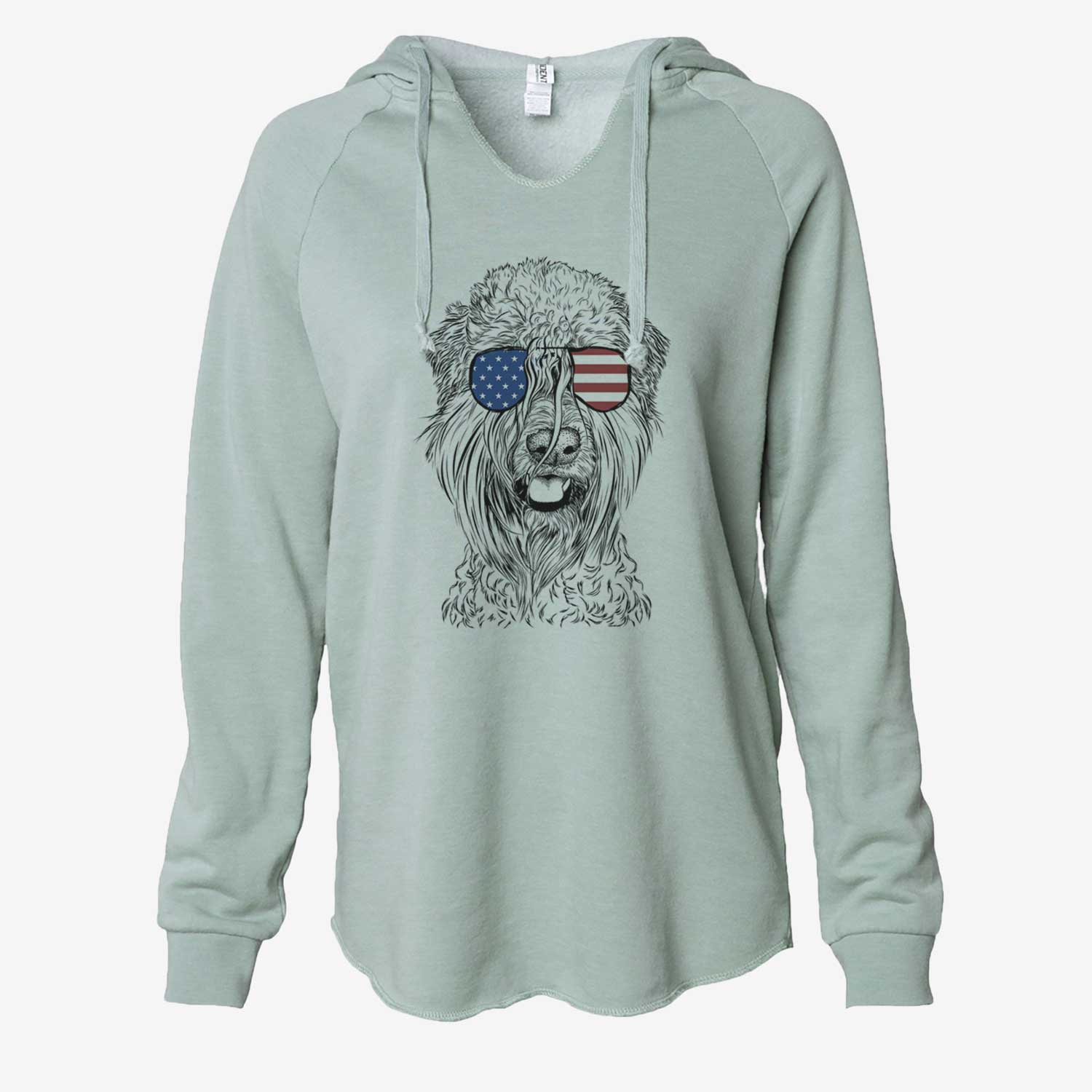 Hand-drawn sketch of Pierre the Soft Coated Wheaten Terrier wearing American flag sunglasses on a Sage Cali Wave Hooded Sweatshirt