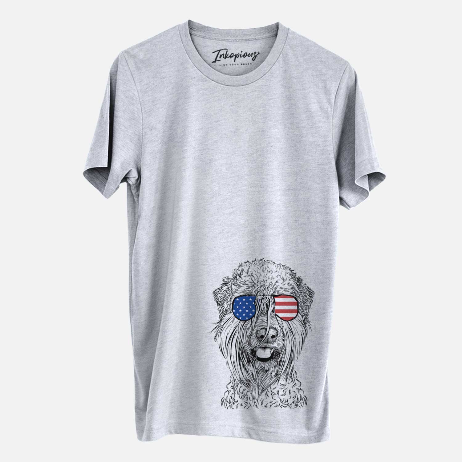 Hand-drawn sketch of Pierre the Soft Coated Wheaten Terrier wearing American flag sunglasses on a Grey Unisex crewneck