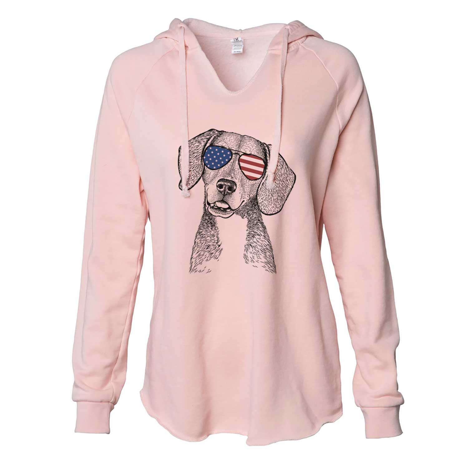 Hand-drawn sketch of Piggy the Beagle Mix wearing American flag sunglasses on a Blush Cali Wave Hooded Sweatshirt