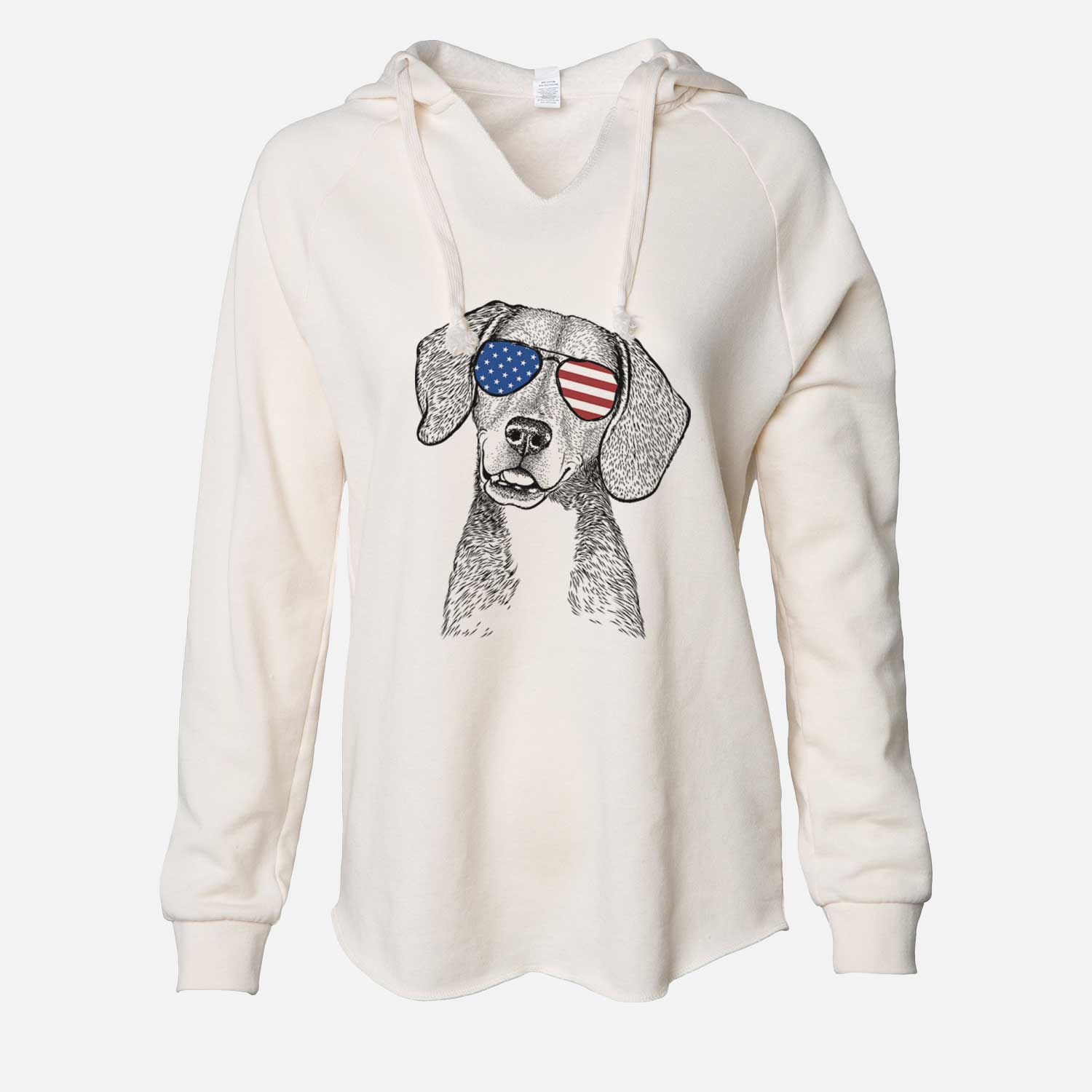 Hand-drawn sketch of Piggy the Beagle Mix wearing American flag sunglasses on a Bone Cali Wave Hooded Sweatshirt