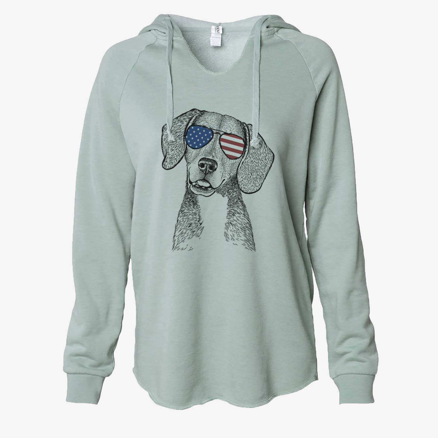 Hand-drawn sketch of Piggy the Beagle Mix wearing American flag sunglasses on a Sage Cali Wave Hooded Sweatshirt