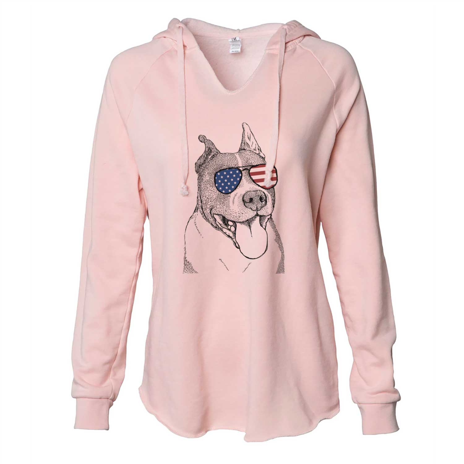 Hand-drawn sketch of Piggy the American Staffordshire Terrier wearing American flag sunglasses on a Blush Cali Wave Hooded Sweatshirt