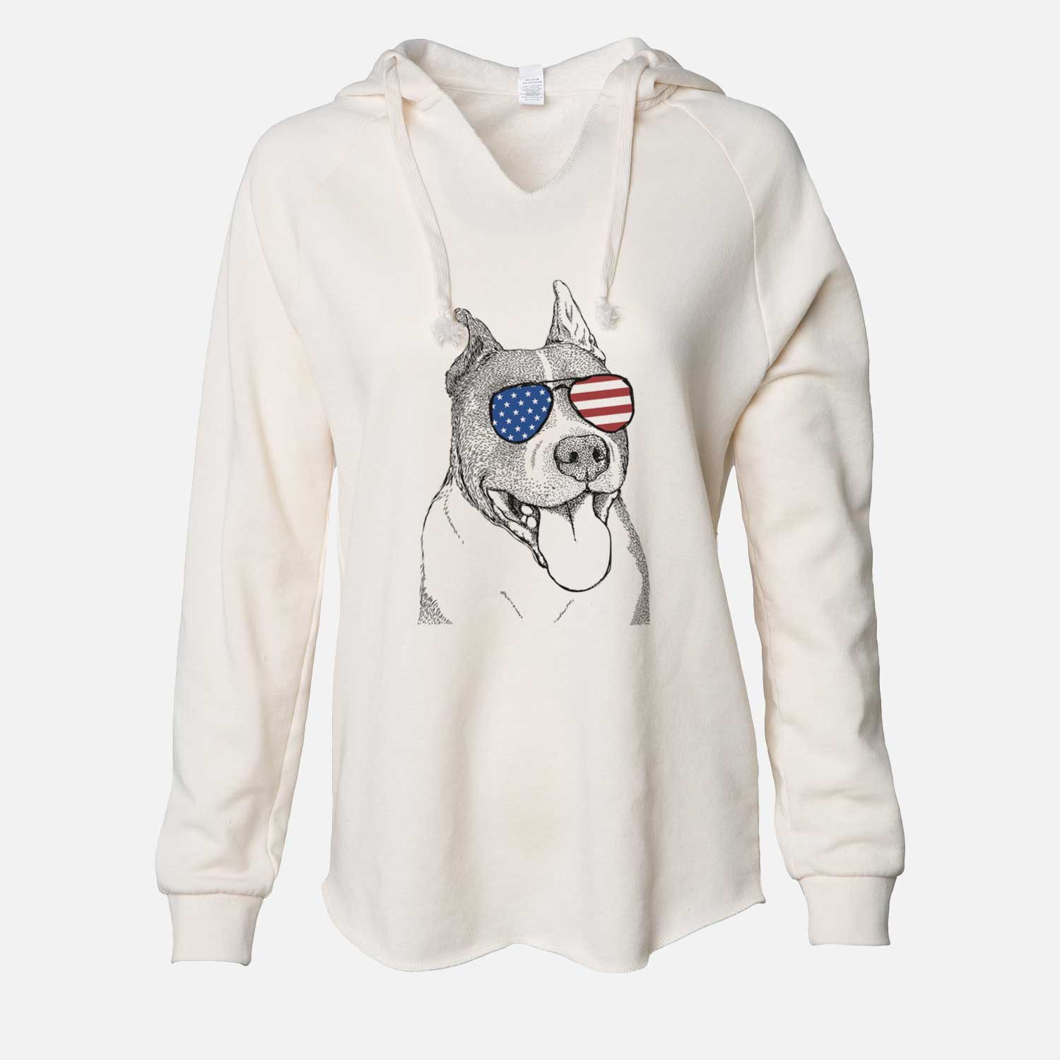 Hand-drawn sketch of Piggy the American Staffordshire Terrier wearing American flag sunglasses on a Bone Cali Wave Hooded Sweatshirt