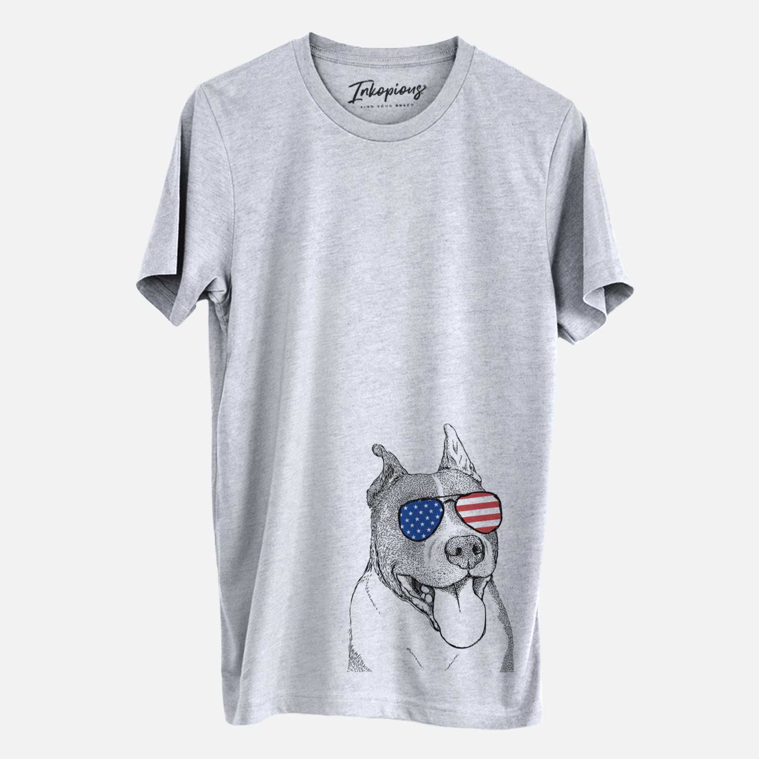 Hand-drawn sketch of Piggy the American Staffordshire Terrier wearing American flag sunglasses on a Grey Unisex crewneck