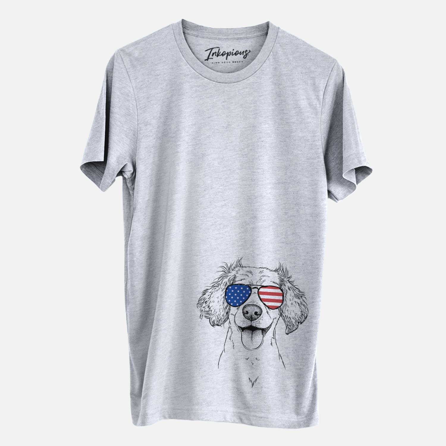 Hand-drawn sketch of Piglet the Dachshund Mix wearing American flag sunglasses on a Grey Unisex crewneck