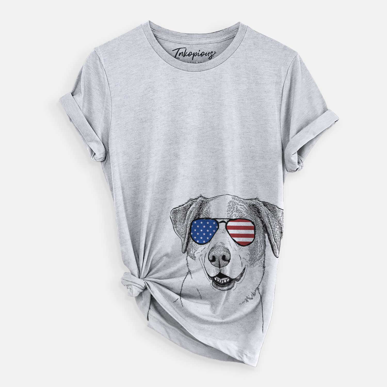 Hand-drawn sketch of Piper Pilot the Hound Mix wearing American flag sunglasses on a Grey Unisex crewneck