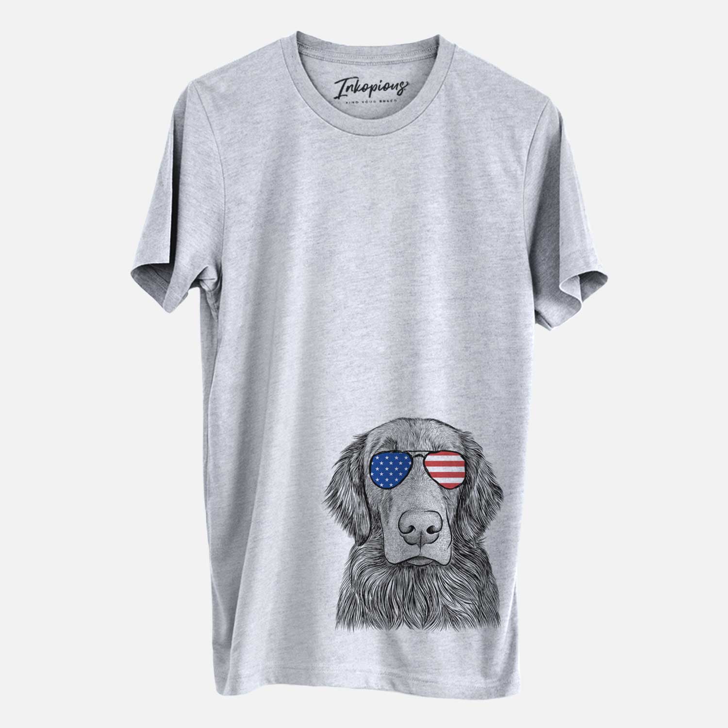 Hand-drawn sketch of Pippin the Flat Coated Retriever wearing American flag sunglasses on a Grey Unisex crewneck