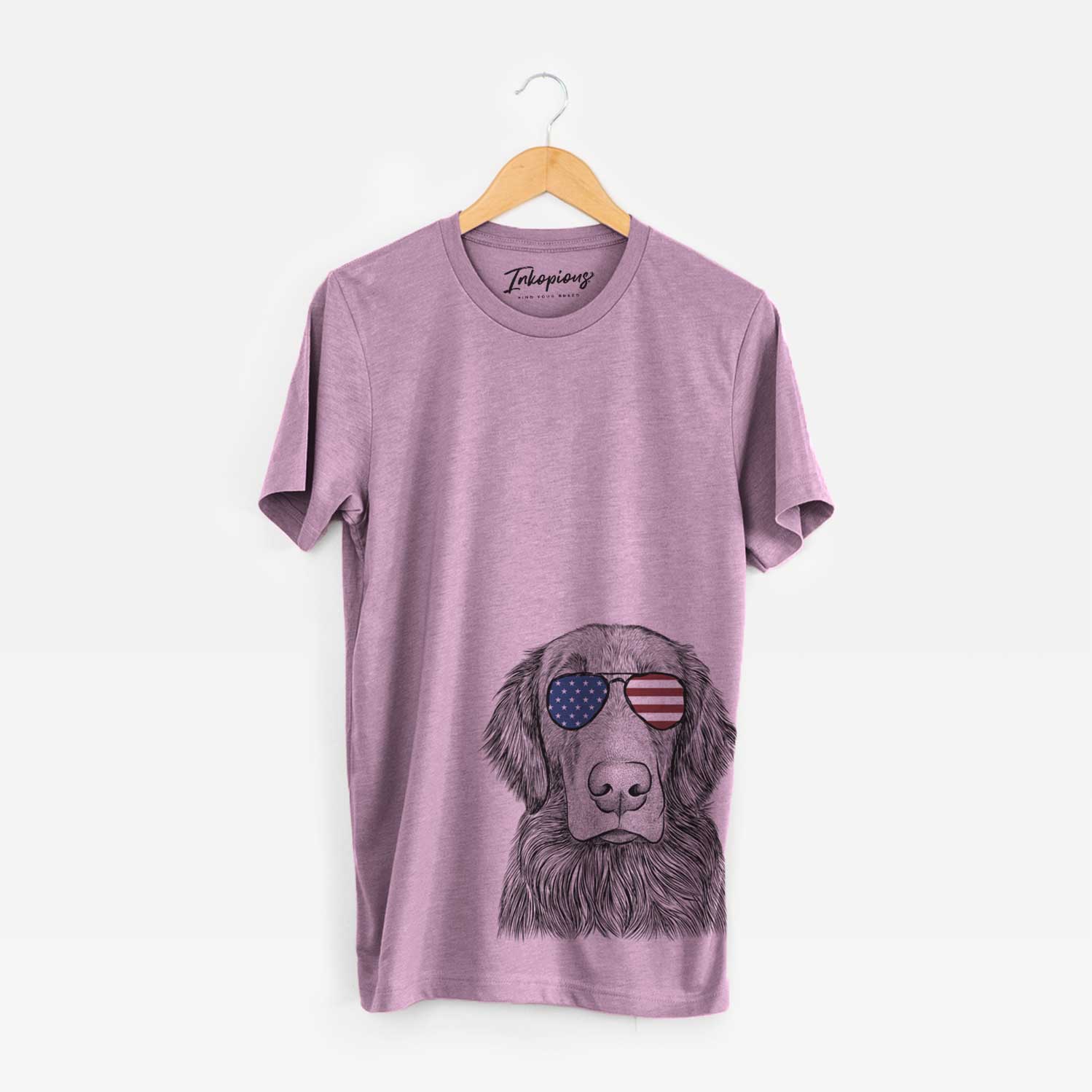Hand-drawn sketch of Pippin the Flat Coated Retriever wearing American flag sunglasses on an Orchid Unisex crewneck