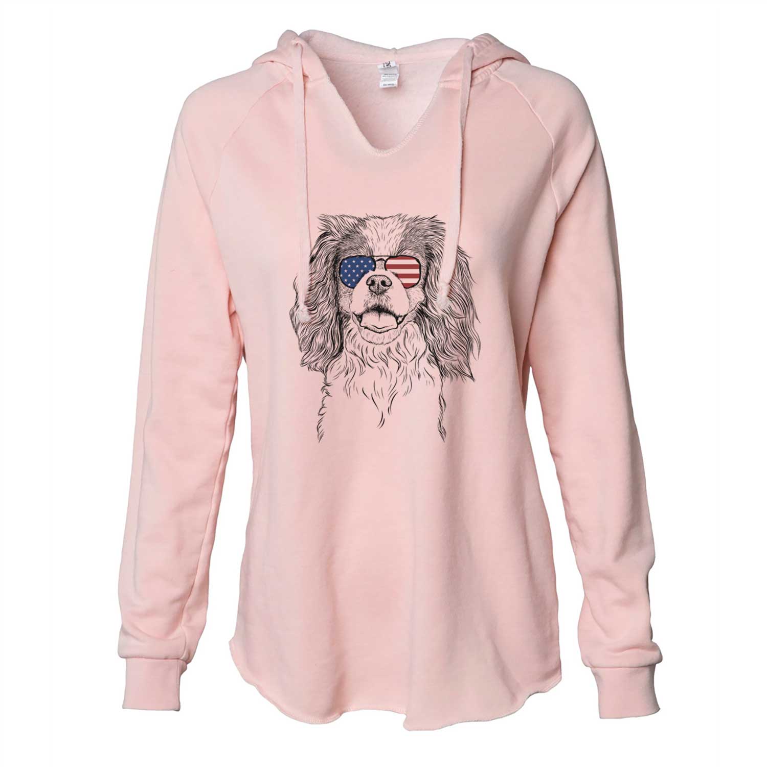Hand-drawn sketch of Poppy the Cavalier King Charles Spaniel wearing American flag sunglasses on a Blush Cali Wave Hooded Sweatshirt