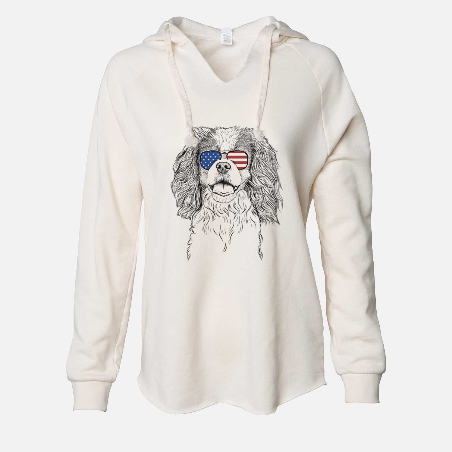 Hand-drawn sketch of Poppy the Cavalier King Charles Spaniel wearing American flag sunglasses on a Bone Cali Wave Hooded Sweatshirt