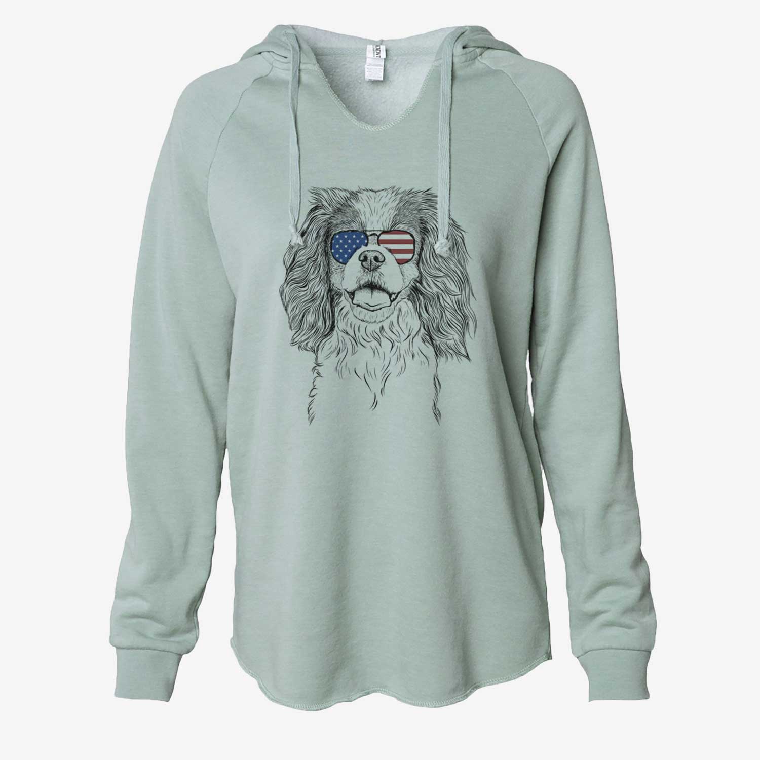 Hand-drawn sketch of Poppy the Cavalier King Charles Spaniel wearing American flag sunglasses on a Sage Cali Wave Hooded Sweatshirt
