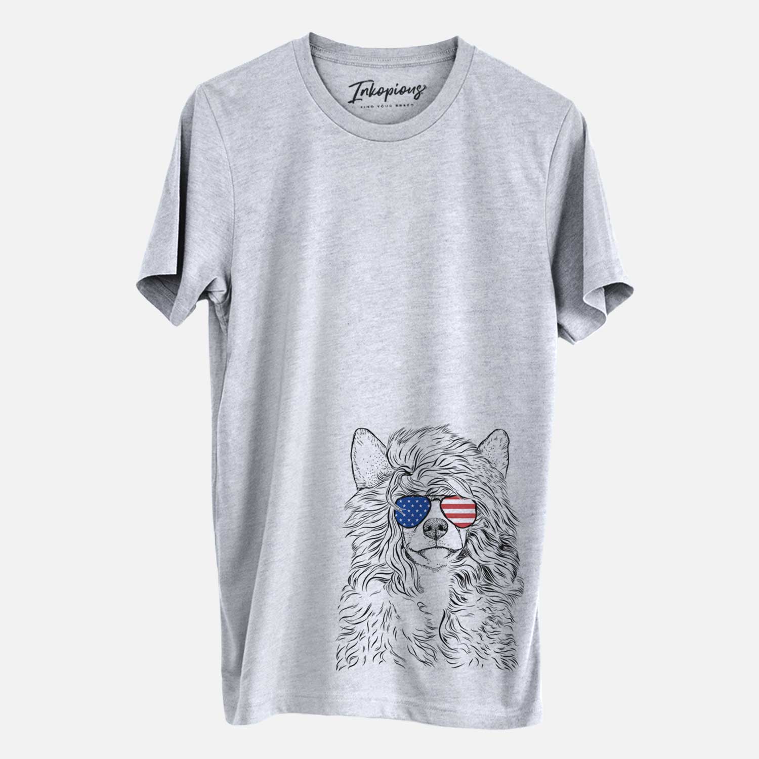 Hand-drawn sketch of Preston the Powderpuff Chinese Crested wearing American flag sunglasses on a Grey Unisex crewneck
