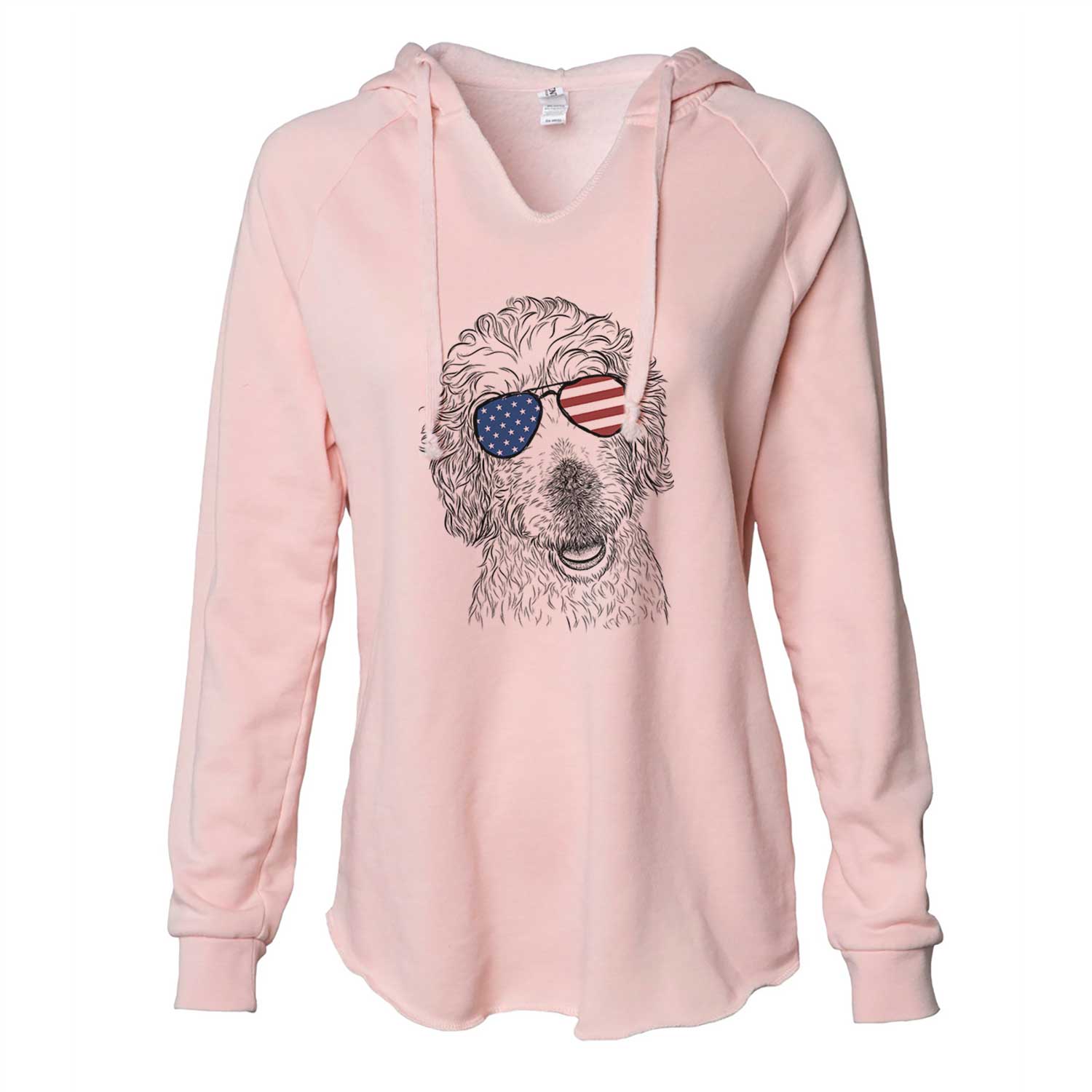 Hand-drawn sketch of Preston the Labradoodle wearing American flag sunglasses on a Blush Cali Wave Hooded Sweatshirt