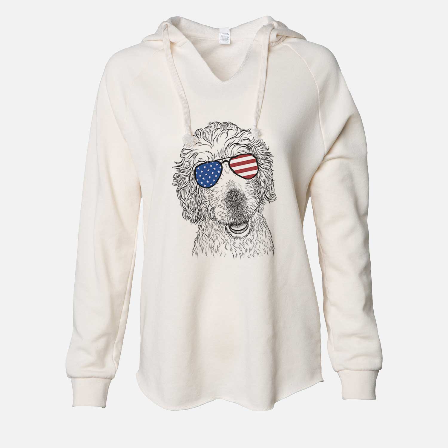 Hand-drawn sketch of Preston the Labradoodle wearing American flag sunglasses on a Bone Cali Wave Hooded Sweatshirt