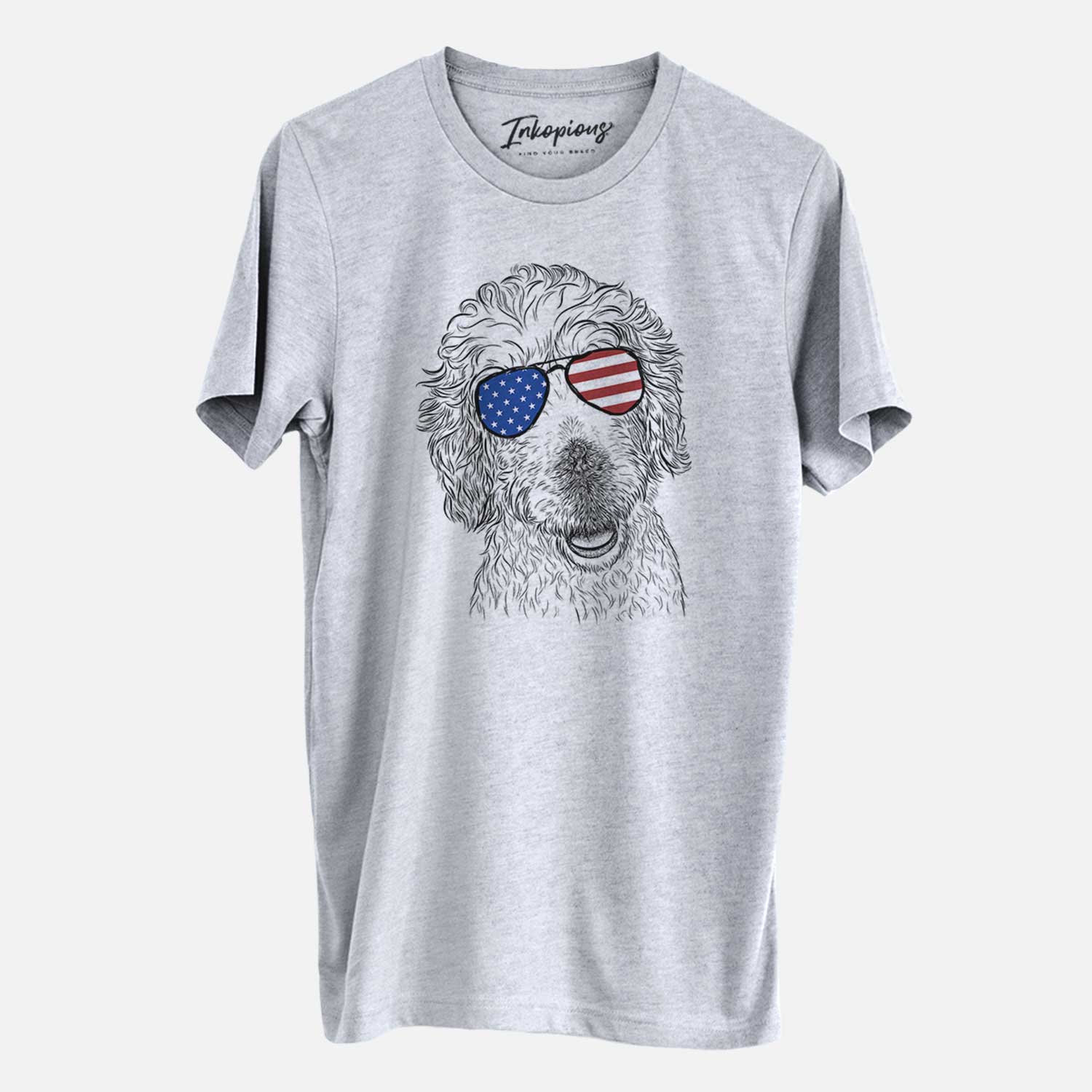 Hand-drawn sketch of Preston the Labradoodle wearing American flag sunglasses on a Grey Unisex crewneck