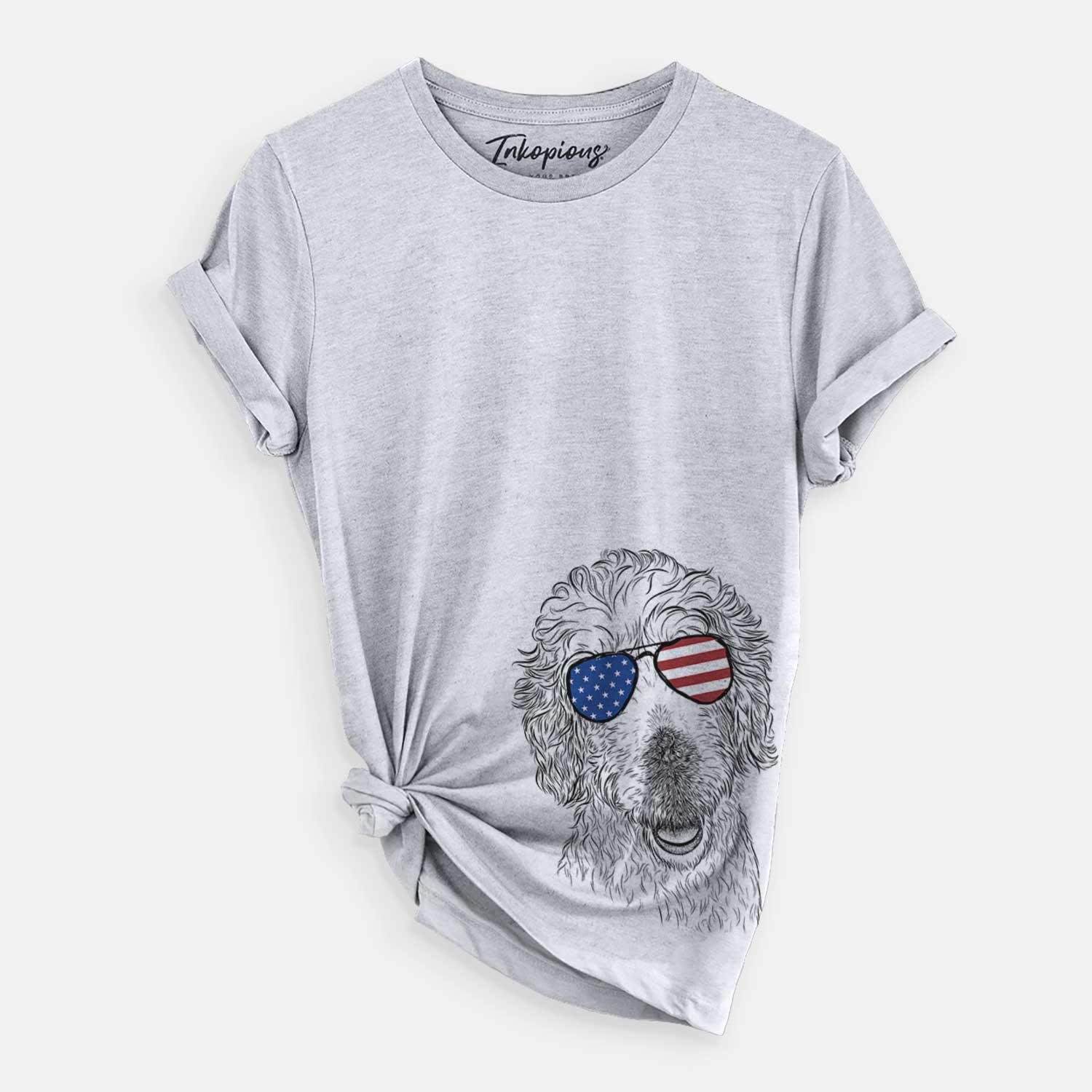 Hand-drawn sketch of Preston the Labradoodle wearing American flag sunglasses on a Grey Unisex crewneck