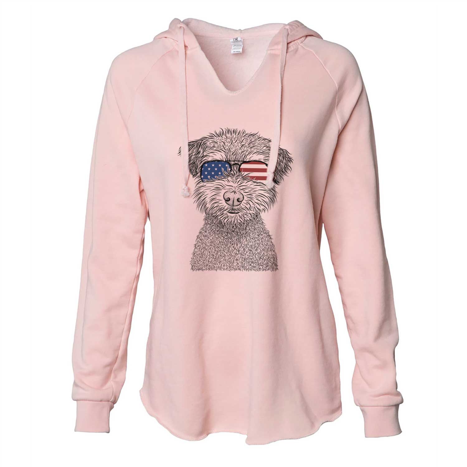 Hand-drawn sketch of Pretzel the Schnoodle wearing American flag sunglasses on a Blush Cali Wave Hooded Sweatshirt