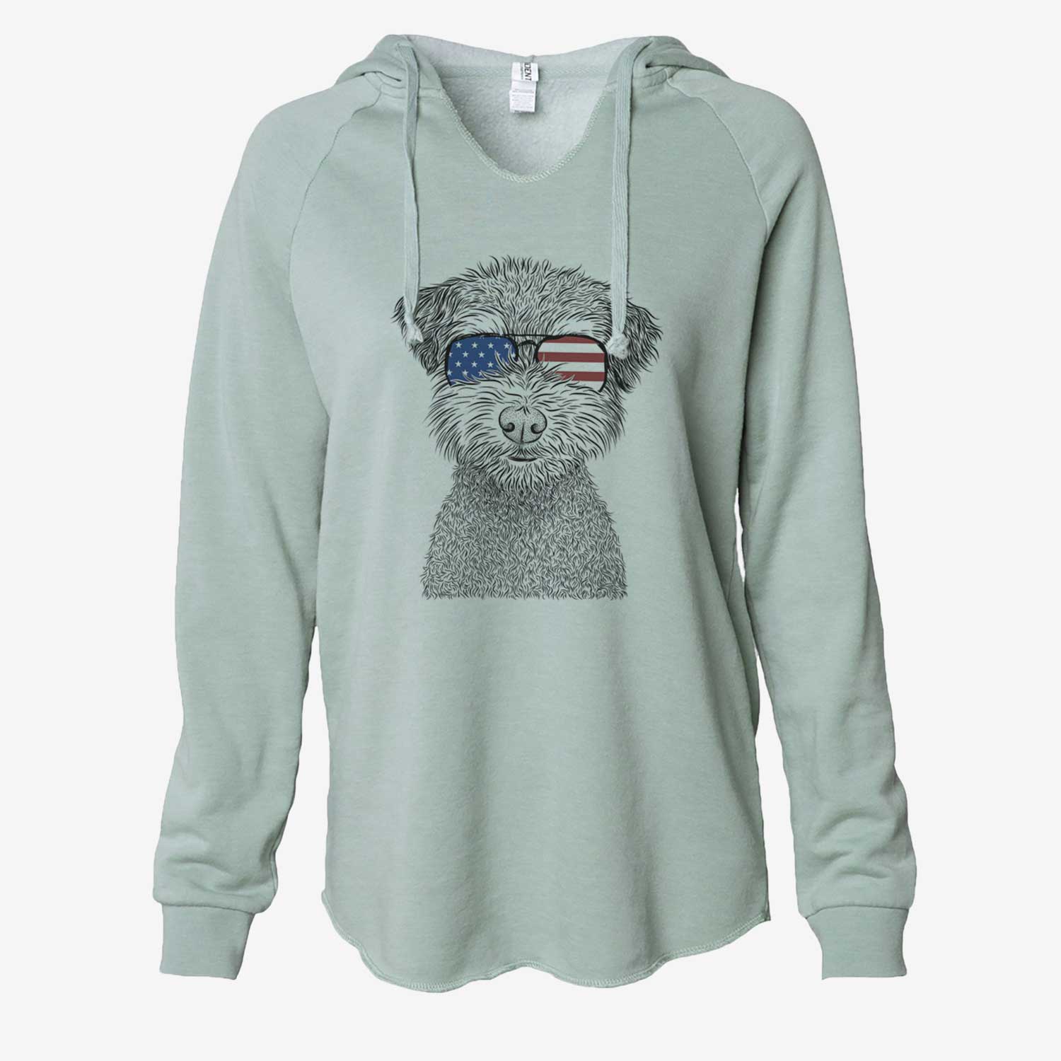 Hand-drawn sketch of Pretzel the Schnoodle wearing American flag sunglasses on a Sage Cali Wave Hooded Sweatshirt