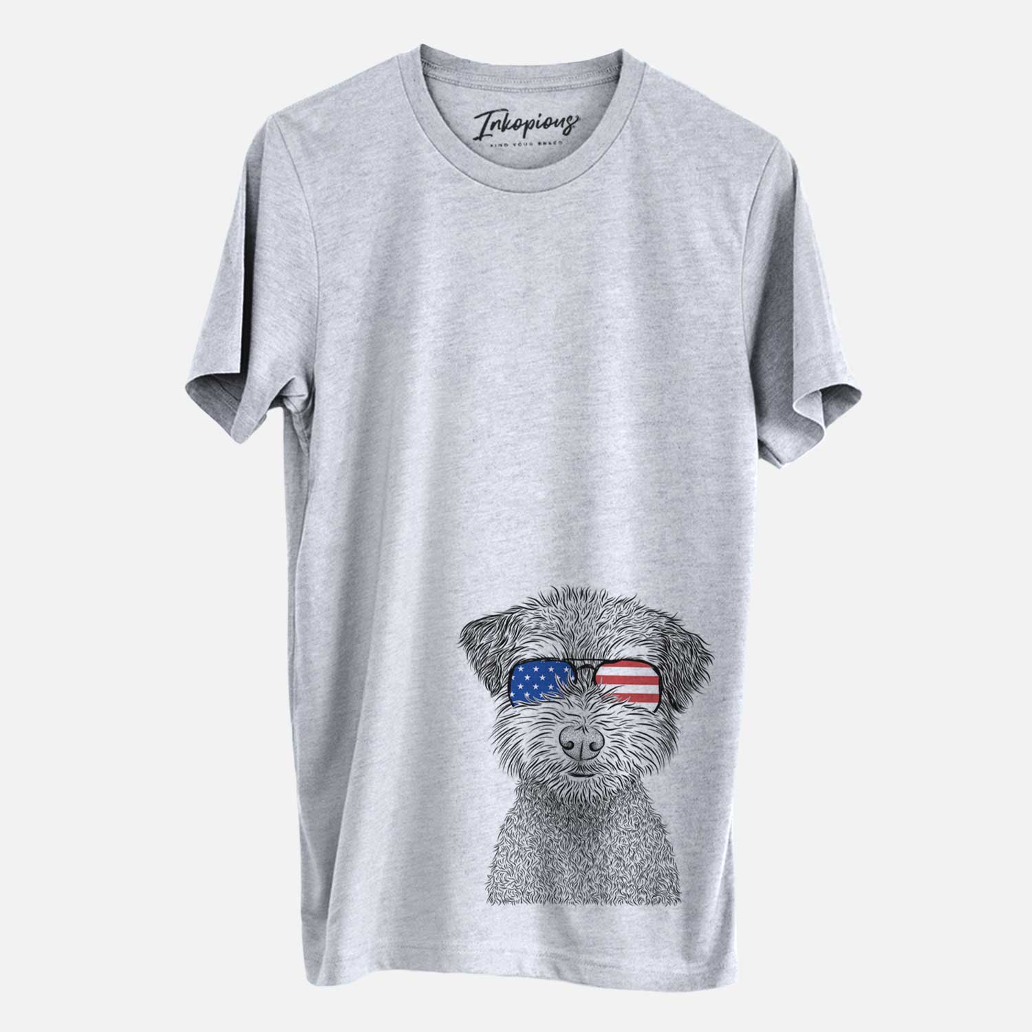Hand-drawn sketch of Pretzel the Schnoodle wearing American flag sunglasses on a Grey Unisex crewneck