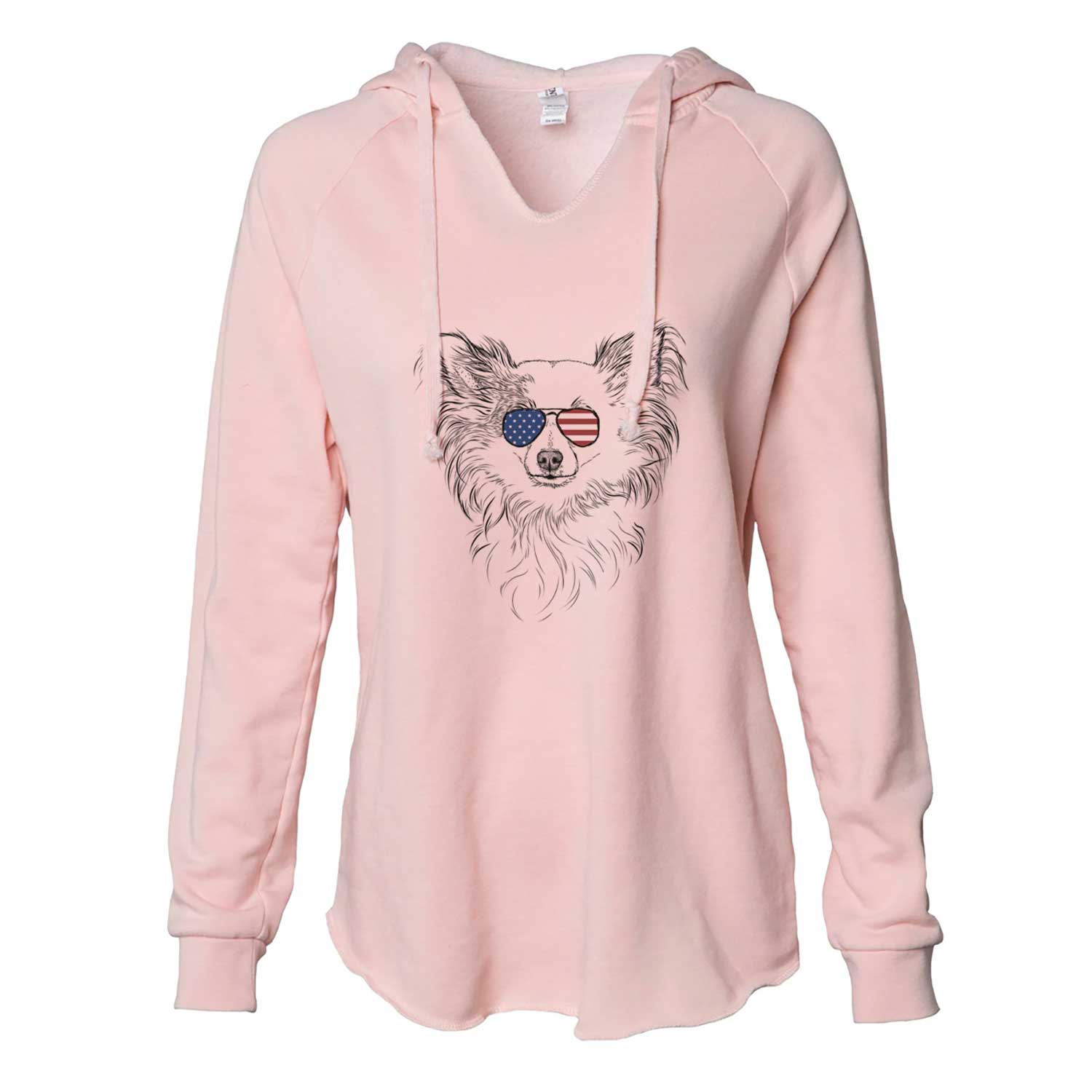 Hand-drawn sketch of Princess Ava the Long Haired Chihuahua wearing American flag sunglasses on a Blush Cali Wave Hooded Sweatshirt