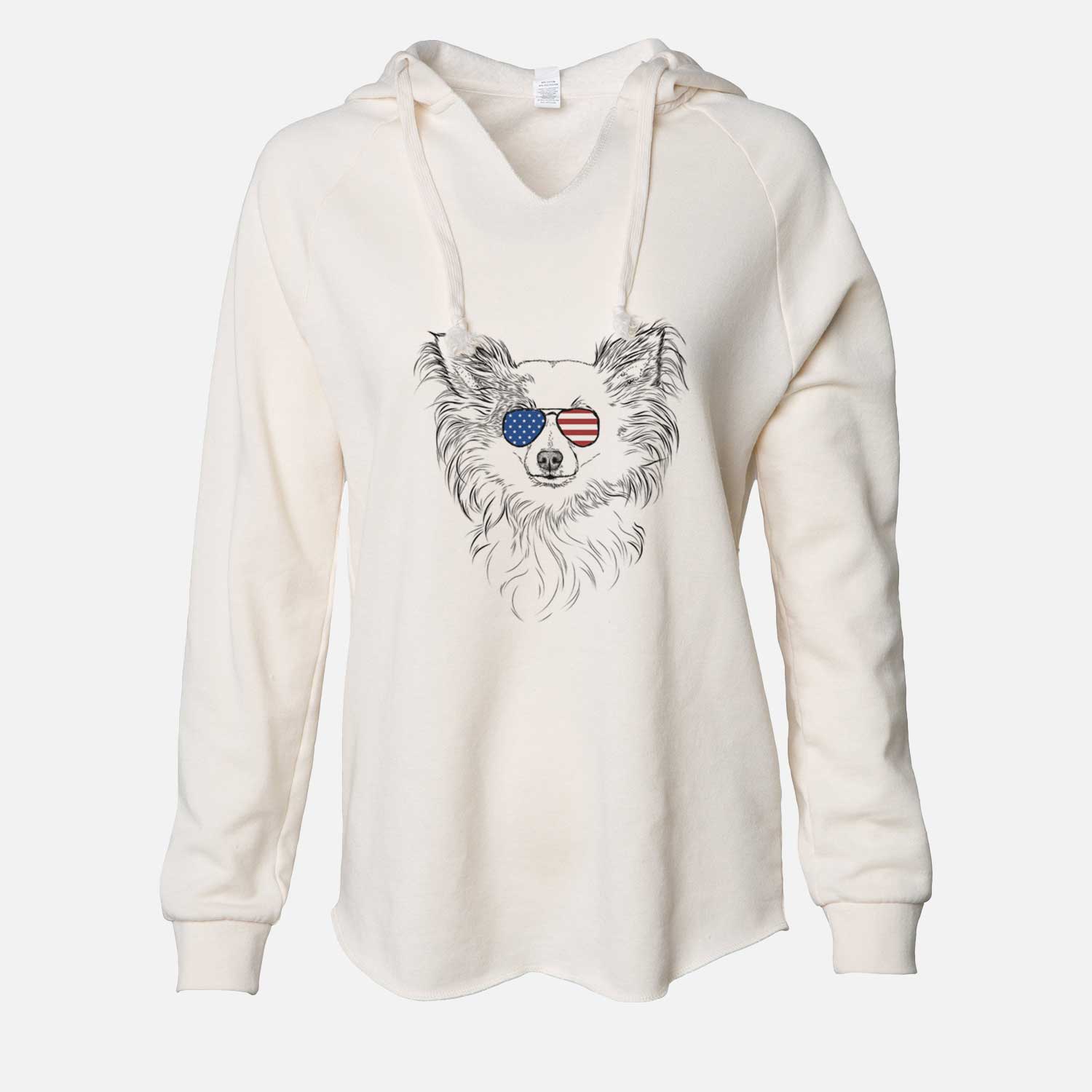Hand-drawn sketch of Princess Ava the Long Haired Chihuahua wearing American flag sunglasses on a Bone Cali Wave Hooded Sweatshirt