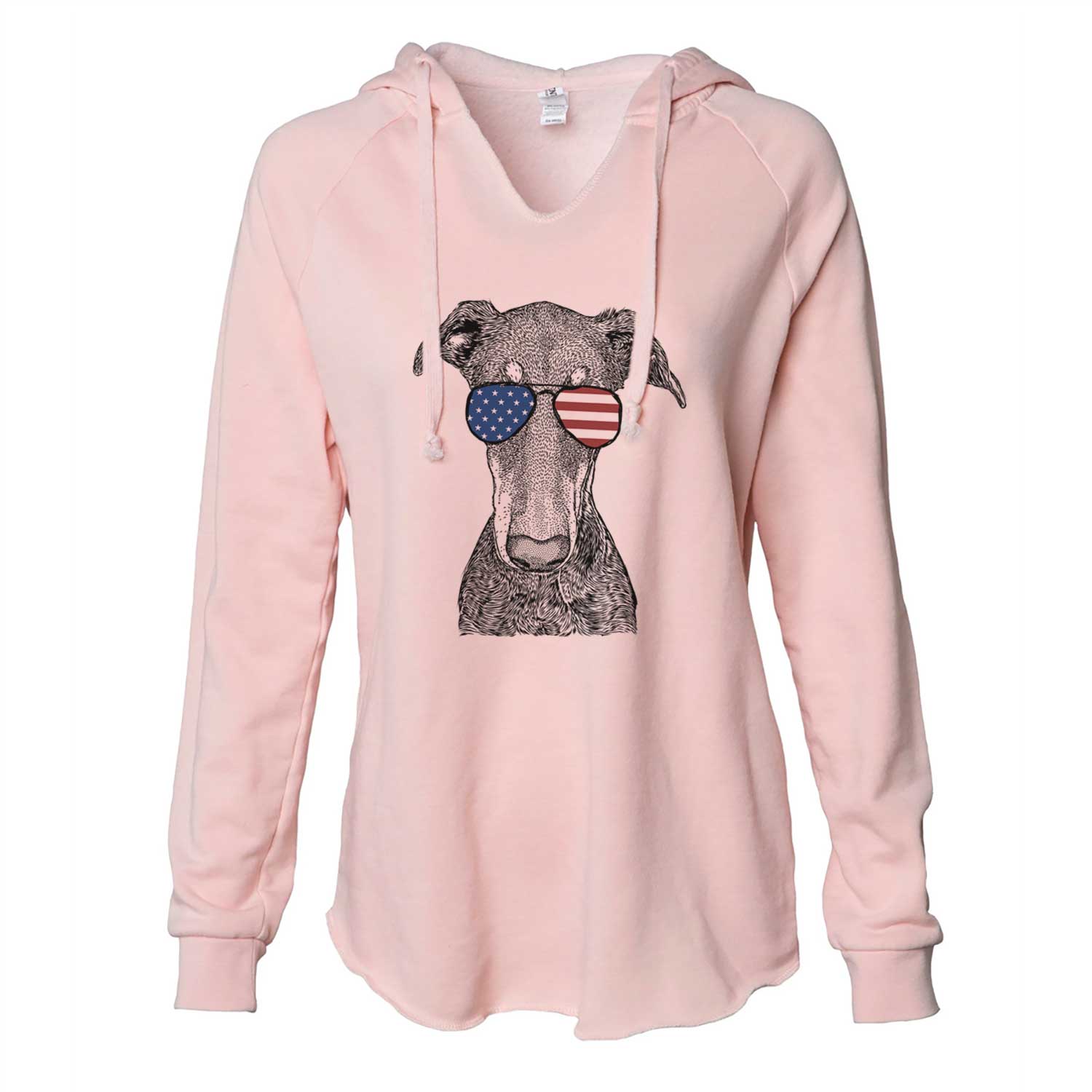 Hand-drawn sketch of Princess Fiona the Doberman Pinscher wearing American flag sunglasses on a Blush Cali Wave Hooded Sweatshirt