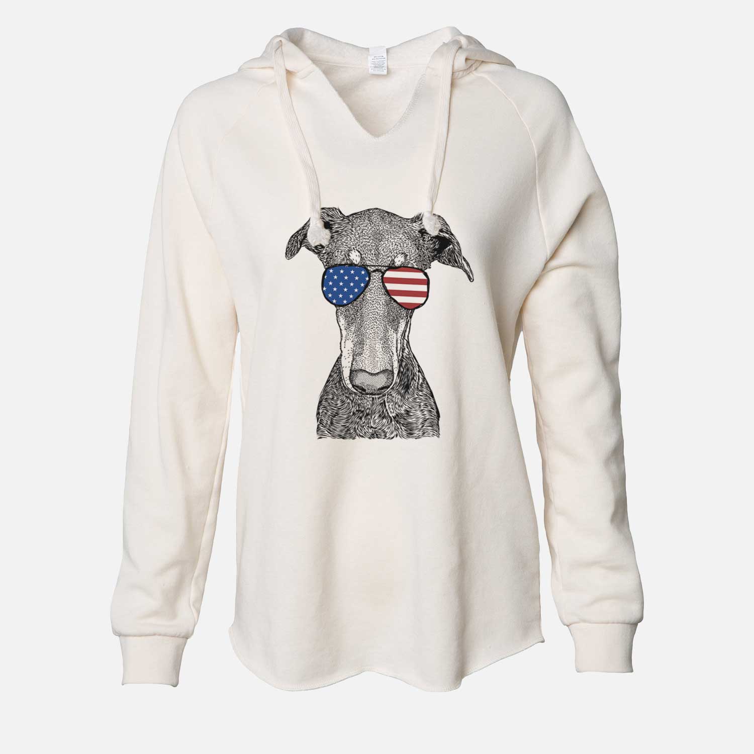 Hand-drawn sketch of Princess Fiona the Doberman Pinscher wearing American flag sunglasses on a Bone Cali Wave Hooded Sweatshirt