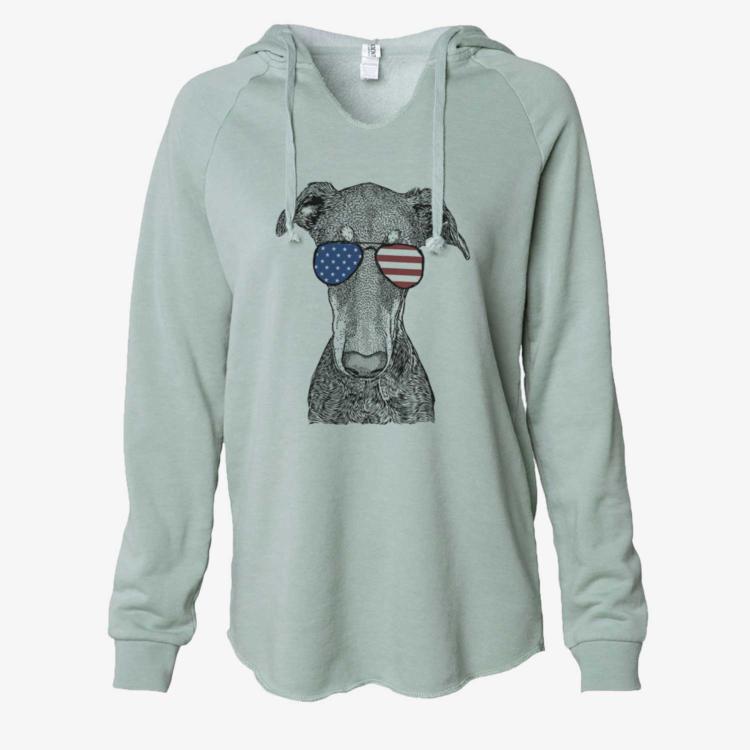 Hand-drawn sketch of Princess Fiona the Doberman Pinscher wearing American flag sunglasses on a Sage Cali Wave Hooded Sweatshirt