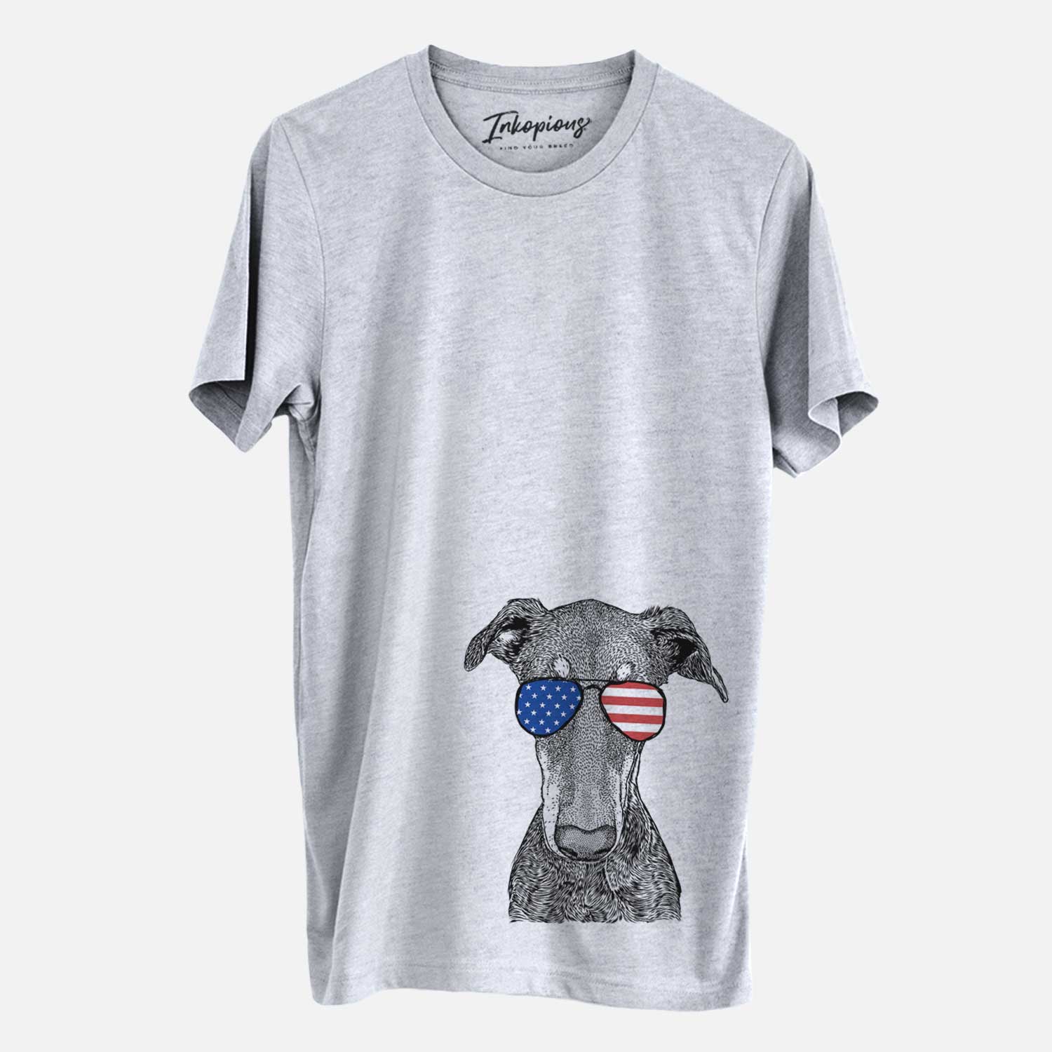 Hand-drawn sketch of Princess Fiona the Doberman Pinscher wearing American flag sunglasses on a Grey Unisex crewneck