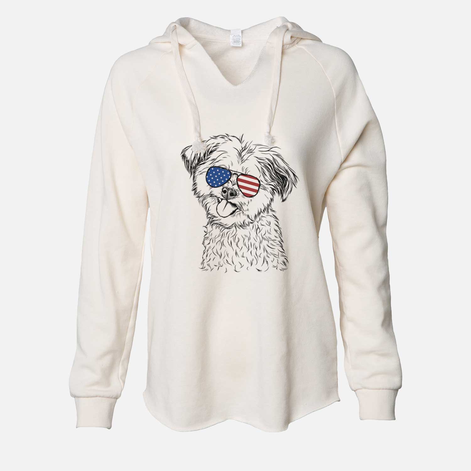 Hand-drawn sketch of Puff the Malshi wearing American flag sunglasses on a Bone Cali Wave Hooded Sweatshirt