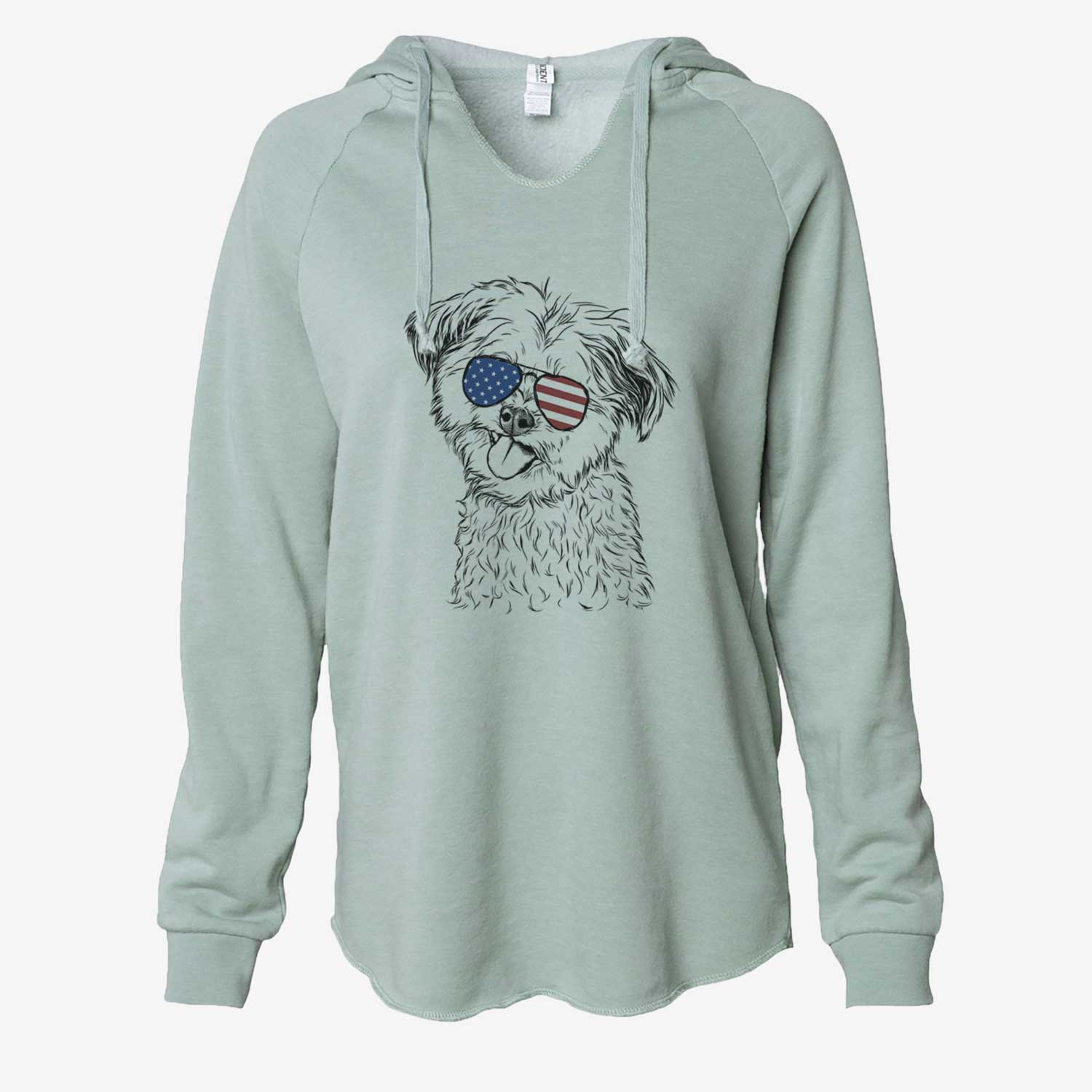Hand-drawn sketch of Puff the Malshi wearing American flag sunglasses on a Sage Cali Wave Hooded Sweatshirt
