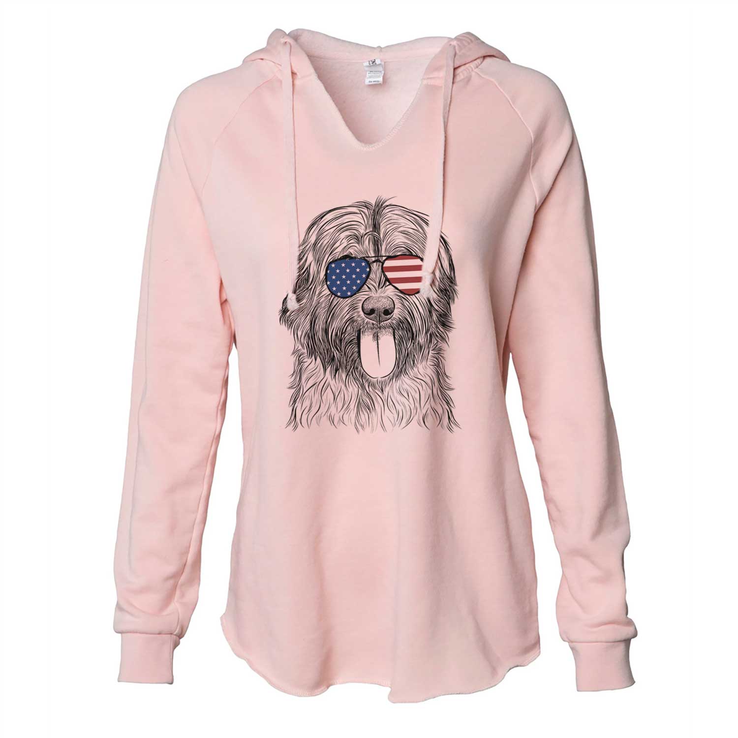 Hand-drawn sketch of Puig the Catalan Sheepdog wearing American flag sunglasses on a Blush Cali Wave Hooded Sweatshirt
