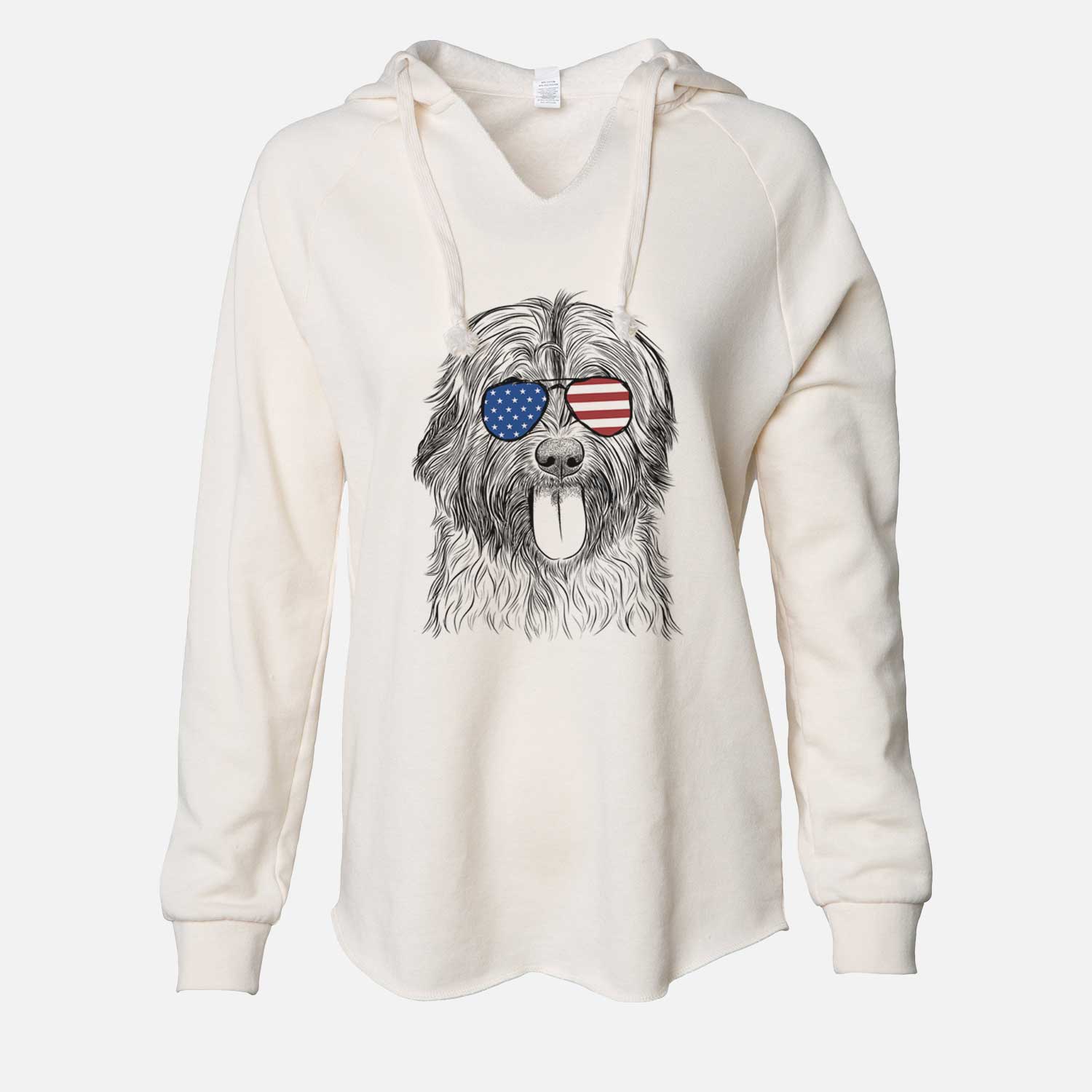 Hand-drawn sketch of Puig the Catalan Sheepdog wearing American flag sunglasses on a Bone Cali Wave Hooded Sweatshirt