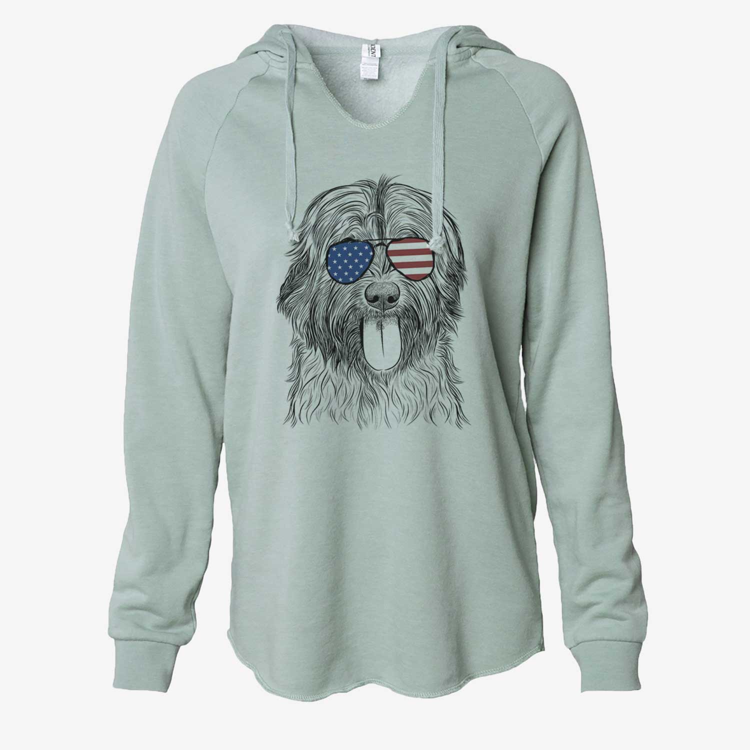 Hand-drawn sketch of Puig the Catalan Sheepdog wearing American flag sunglasses on a Sage Cali Wave Hooded Sweatshirt
