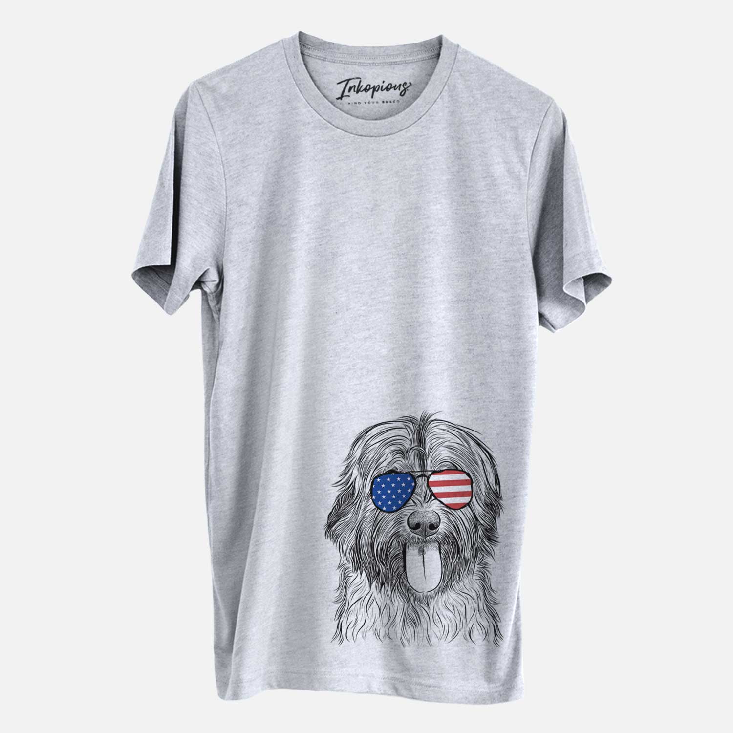 Hand-drawn sketch of Puig the Catalan Sheepdog wearing American flag sunglasses on a Grey Unisex crewneck