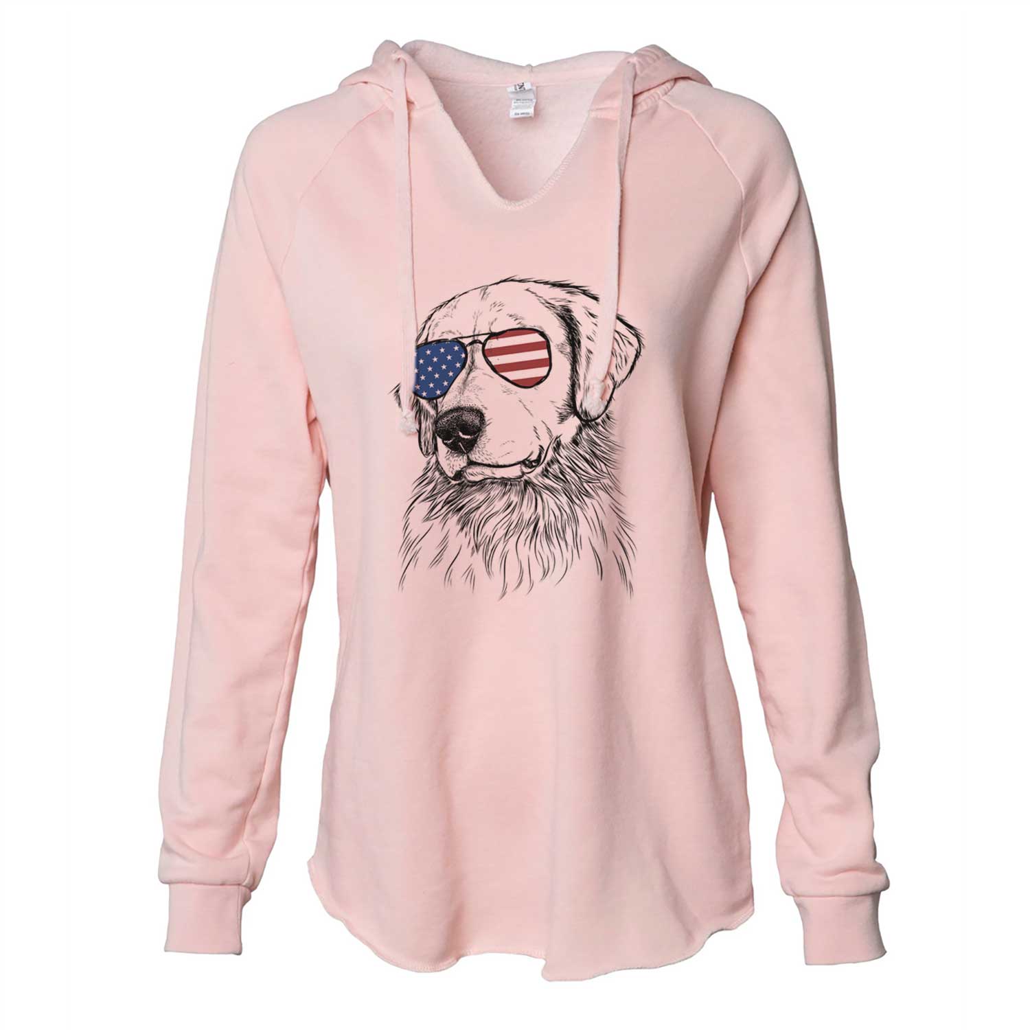 Hand-drawn sketch of Quinn the Golden Retriever wearing American flag sunglasses on a Blush Cali Wave Hooded Sweatshirt