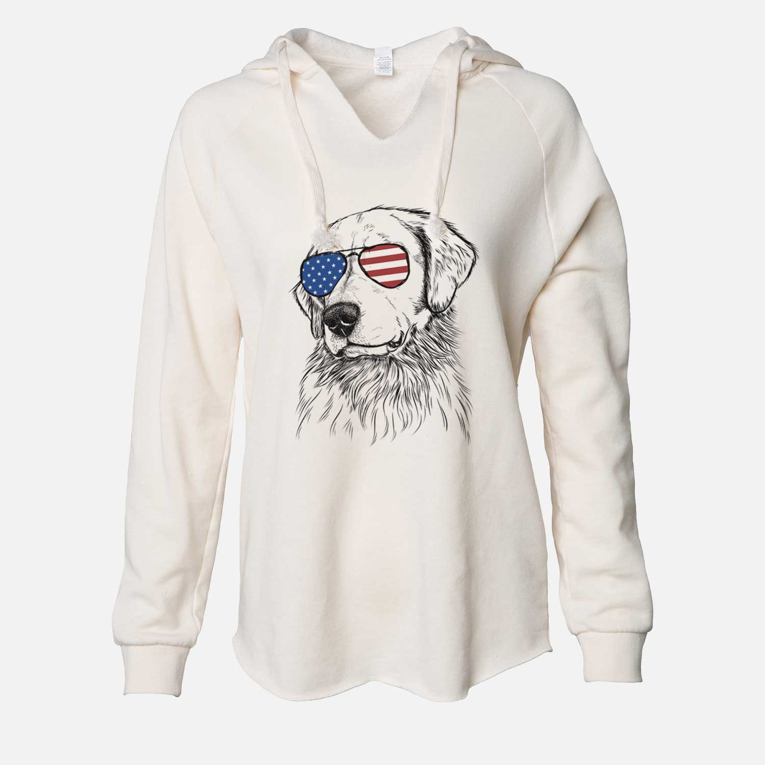 Hand-drawn sketch of Quinn the Golden Retriever wearing American flag sunglasses on a Bone Cali Wave Hooded Sweatshirt