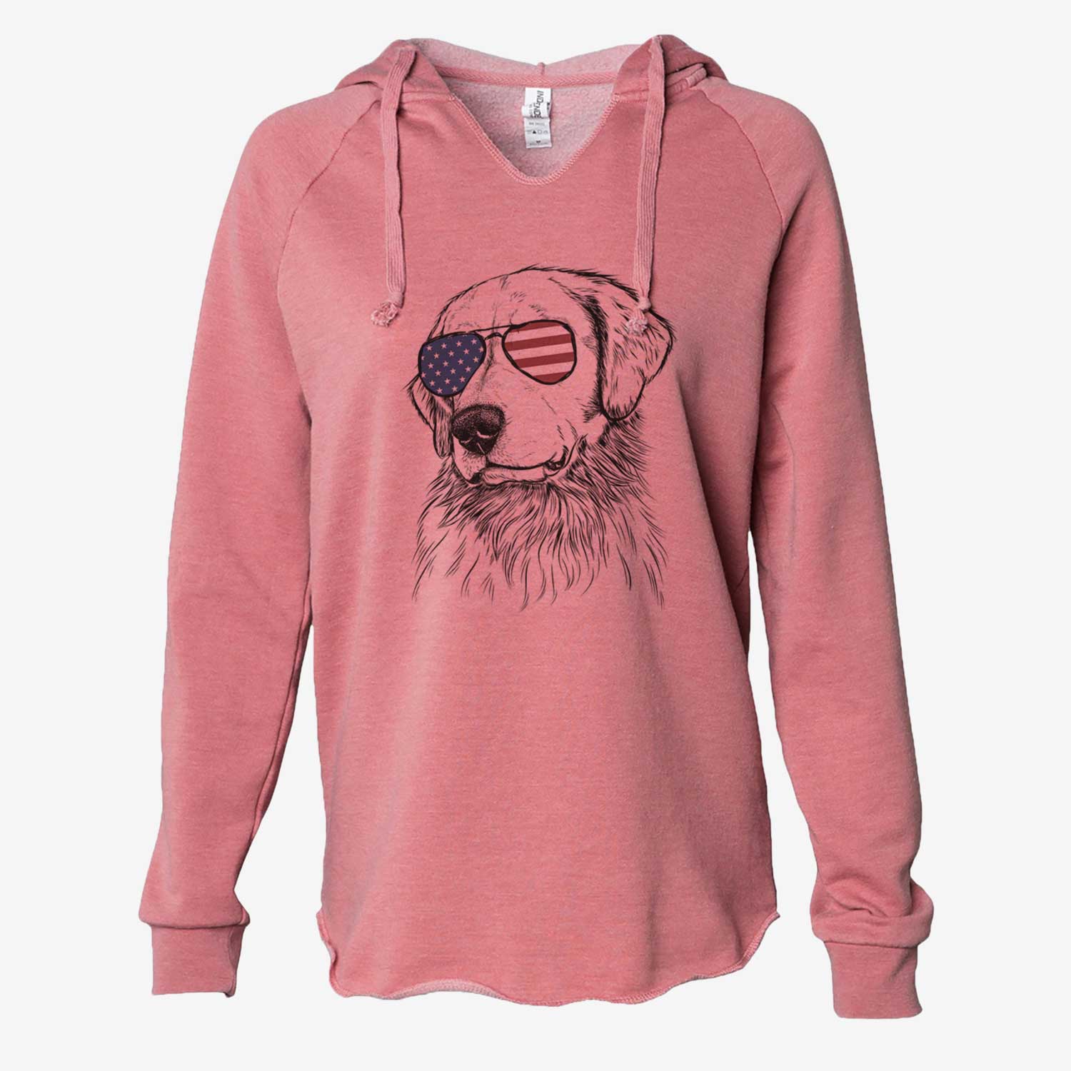 Hand-drawn sketch of Quinn the Golden Retriever wearing American flag sunglasses on a Dusty Rose Cali Wave Hooded Sweatshirt