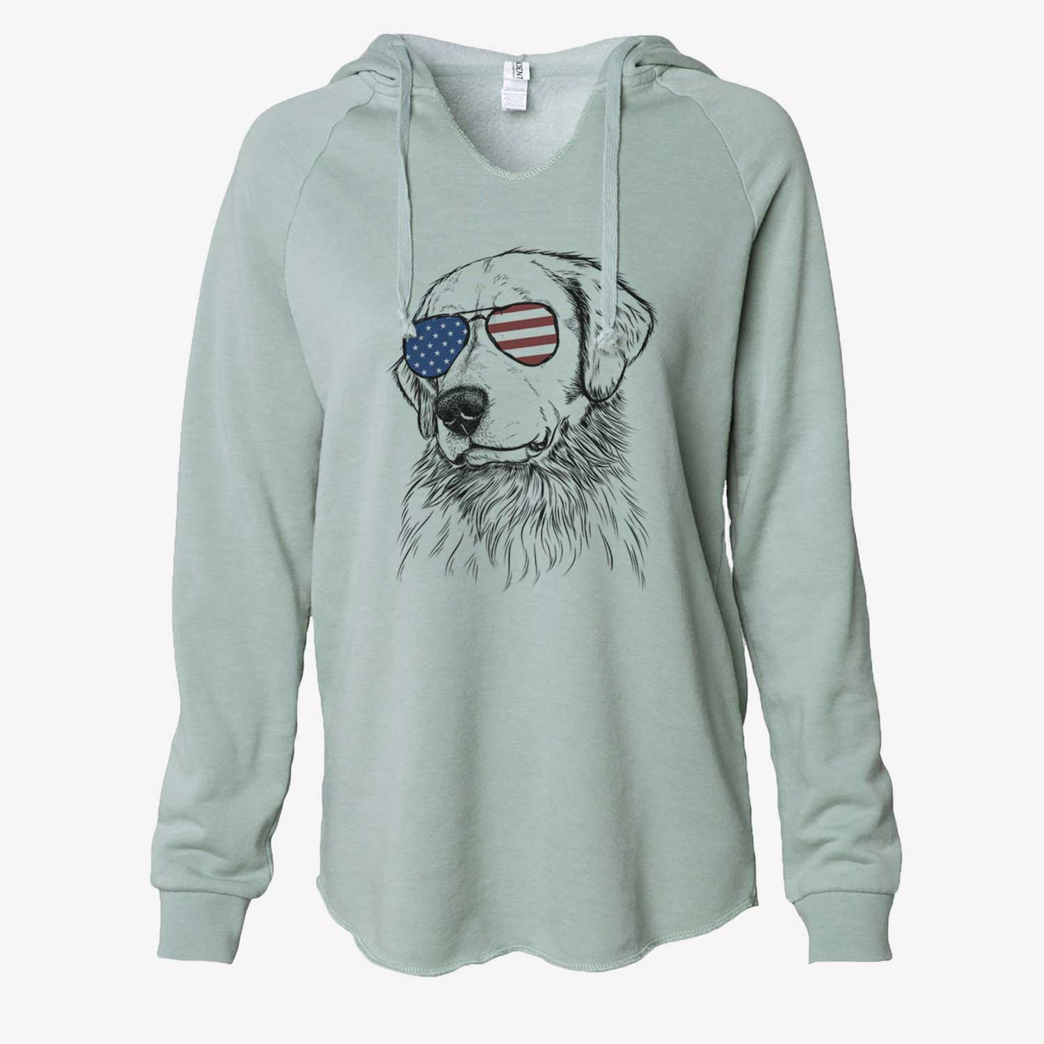 Hand-drawn sketch of Quinn the Golden Retriever wearing American flag sunglasses on a Sage Cali Wave Hooded Sweatshirt