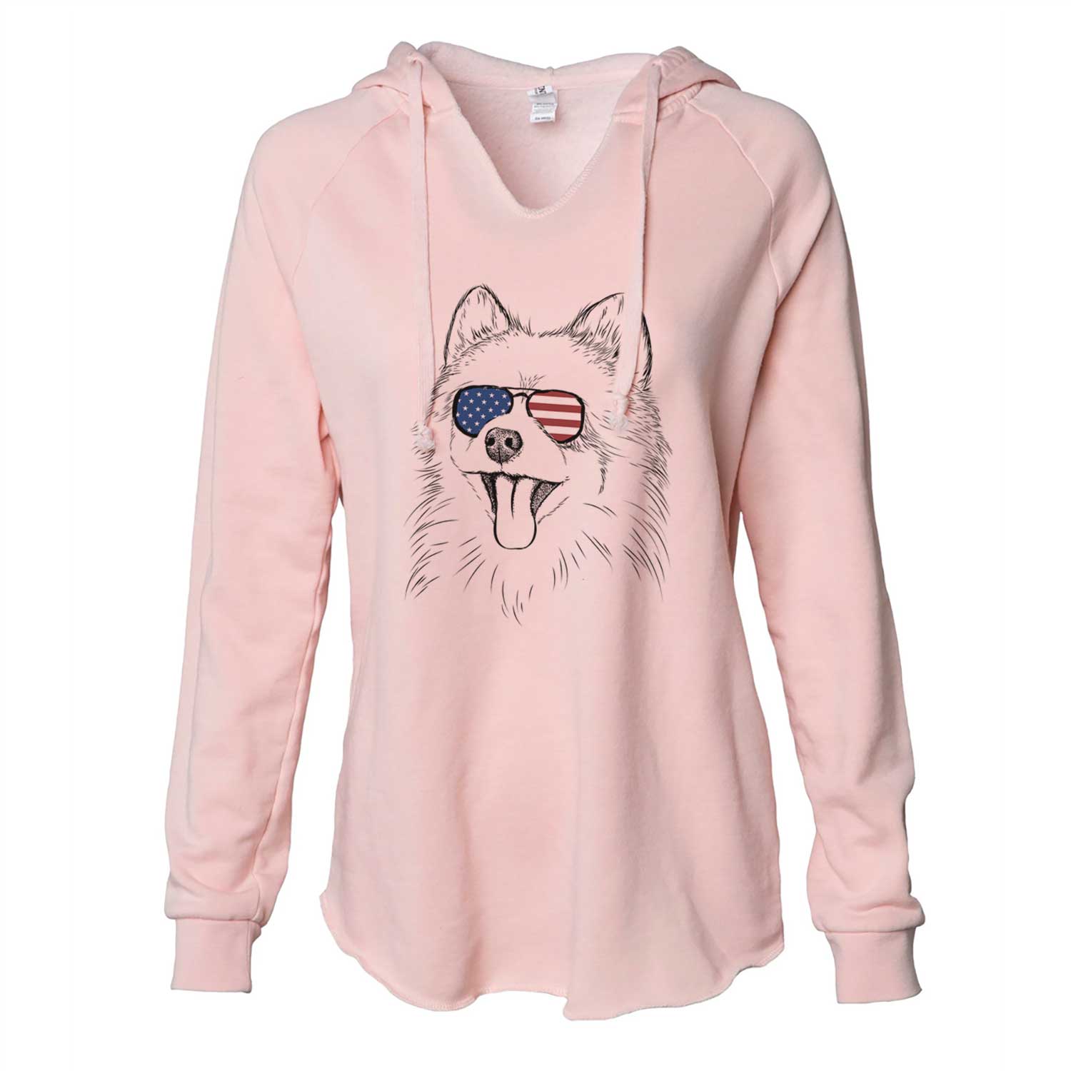 Hand-drawn sketch of Quinn the Pomeranian wearing American flag sunglasses on a Blush Cali Wave Hooded Sweatshirt