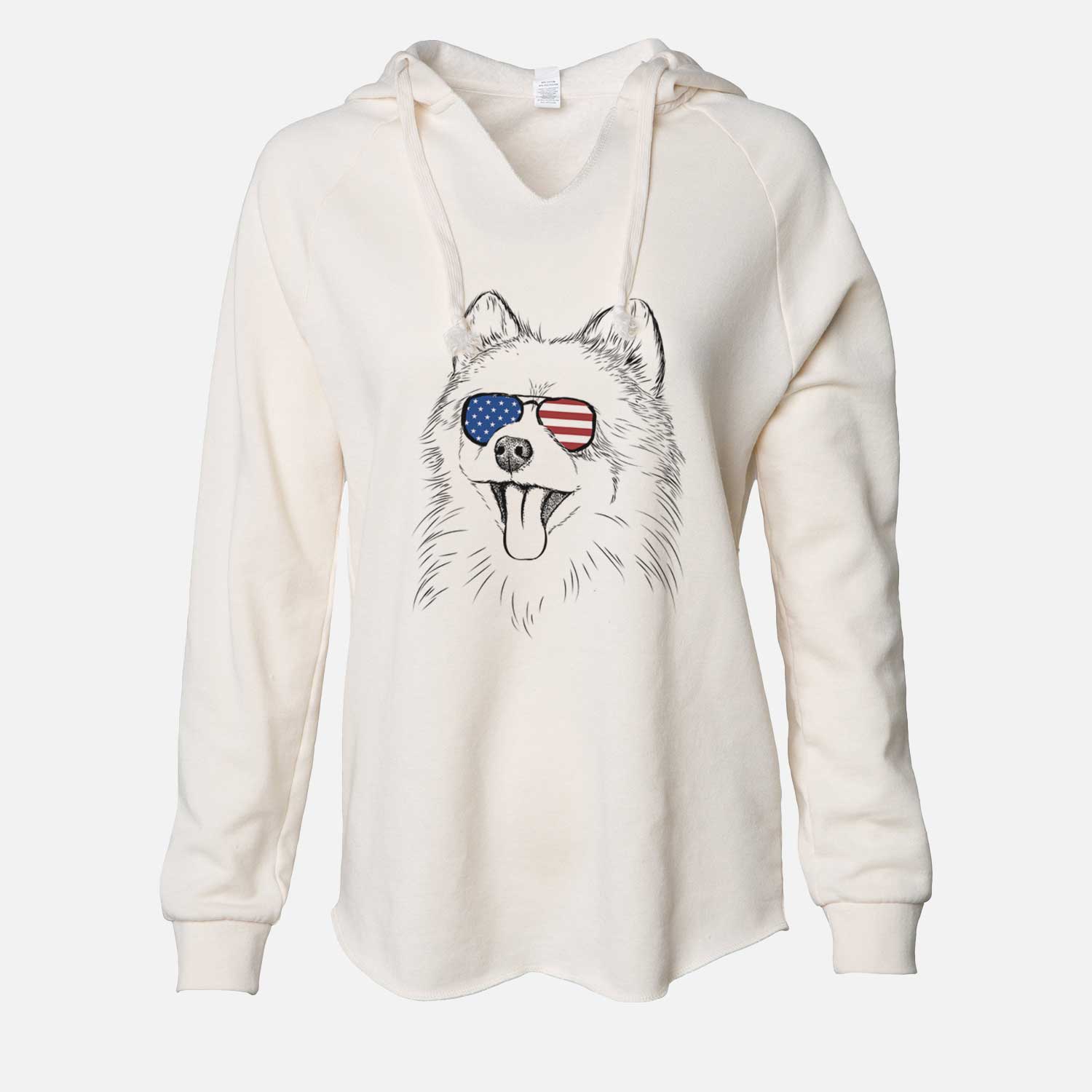 Hand-drawn sketch of Quinn the Pomeranian wearing American flag sunglasses on a Bone Cali Wave Hooded Sweatshirt