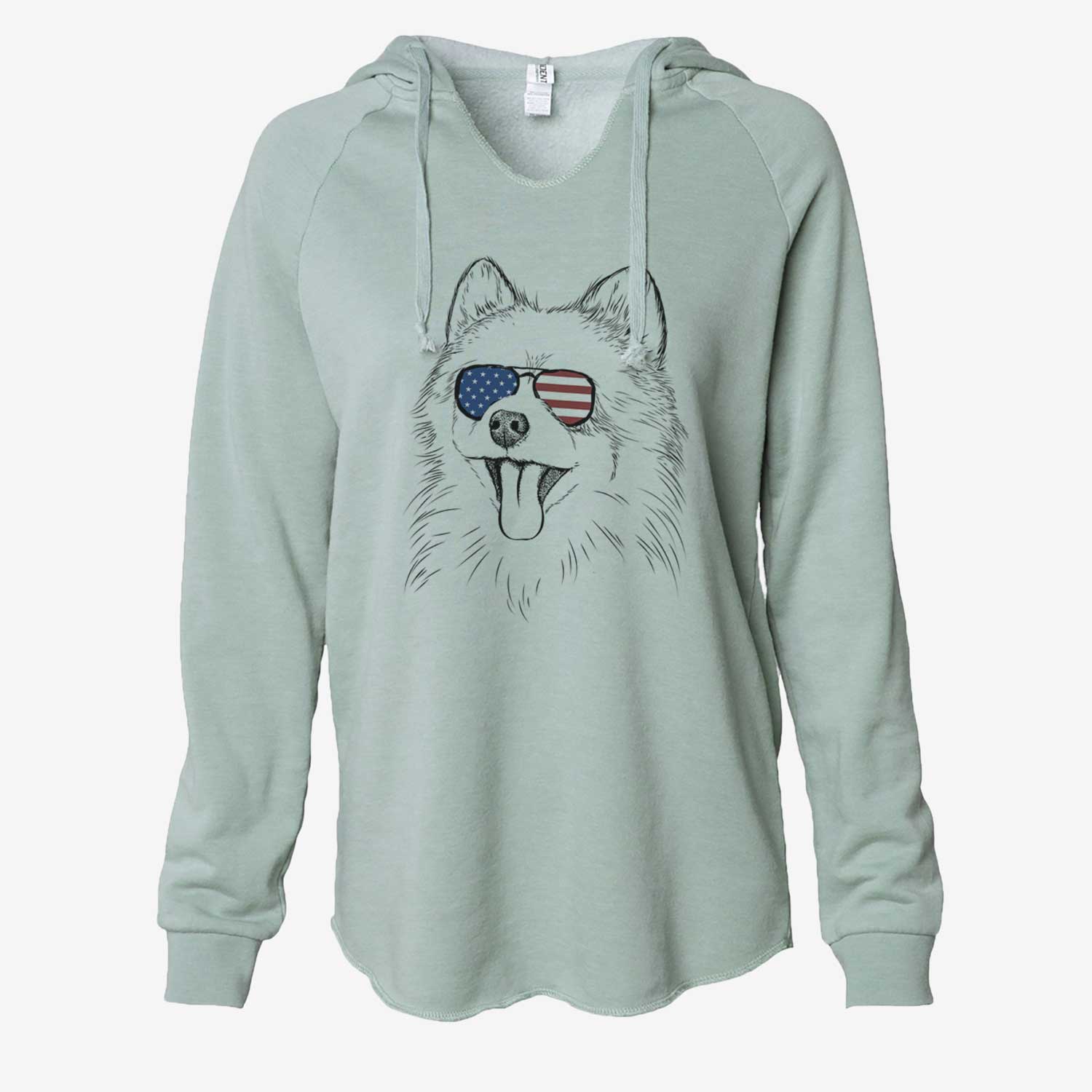 Hand-drawn sketch of Quinn the Pomeranian wearing American flag sunglasses on a Sage Cali Wave Hooded Sweatshirt