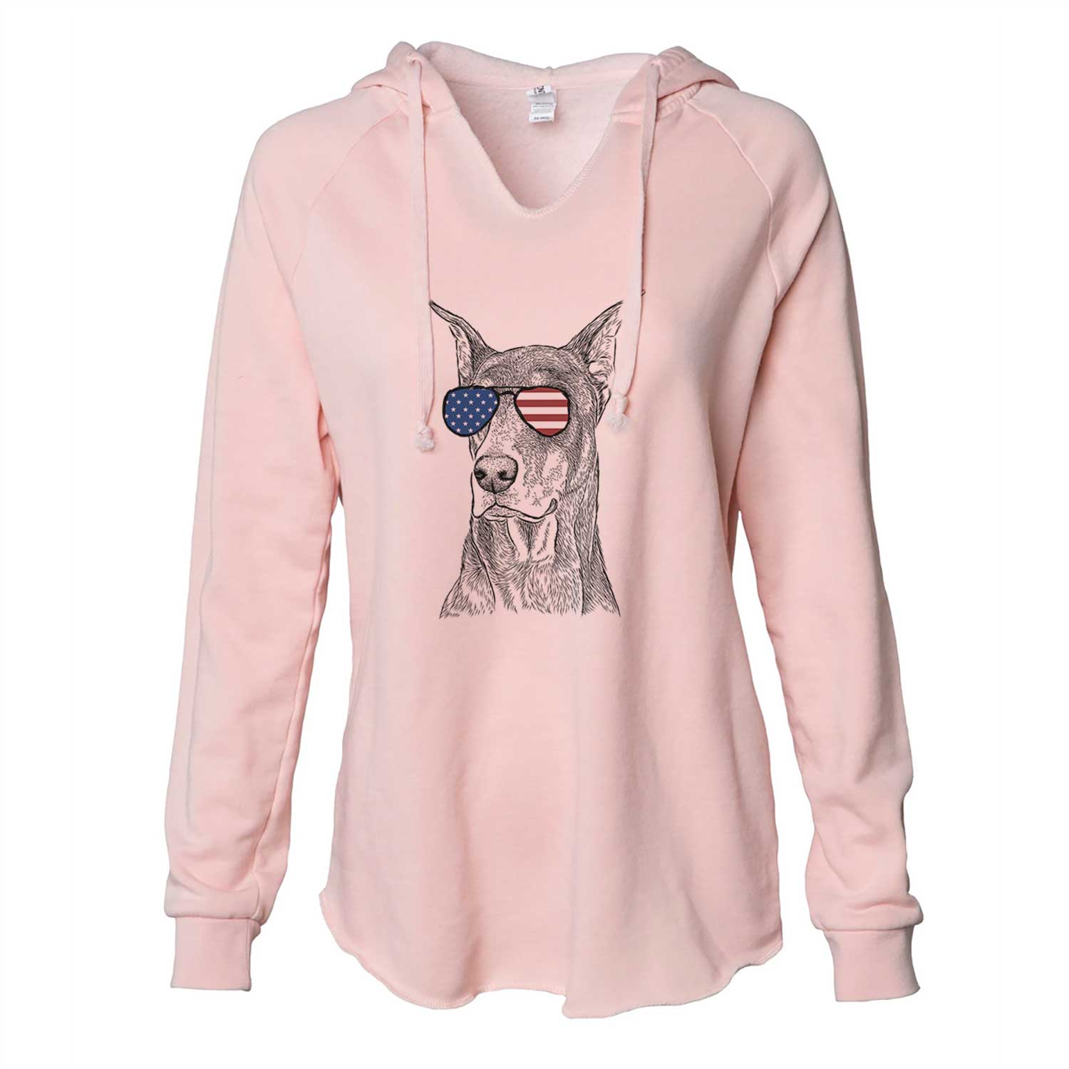 Hand-drawn sketch of RJ the Doberman Pinscher wearing American flag sunglasses on a Blush Cali Wave Hooded Sweatshirt