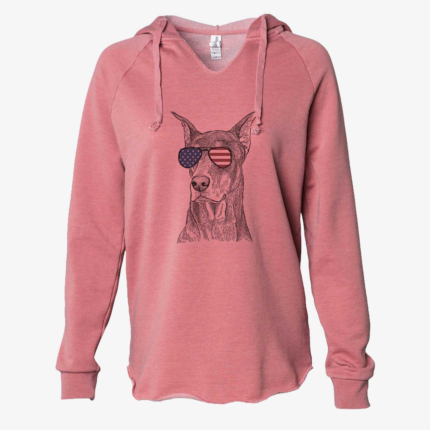 Hand-drawn sketch of RJ the Doberman Pinscher wearing American flag sunglasses on a Dusty Rose Cali Wave Hooded Sweatshirt