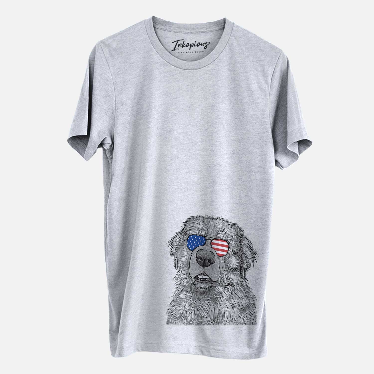 Hand-drawn sketch of Ralph the Leonberger wearing American flag sunglasses on a Grey Unisex crewneck