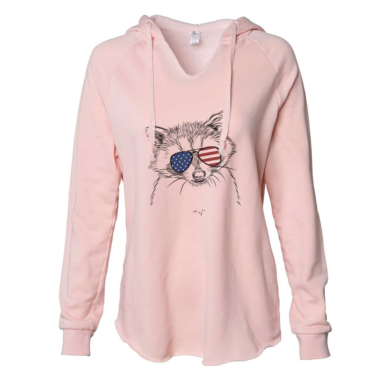Hand-drawn sketch of Randy the Raccoon wearing American flag sunglasses on a Blush Cali Wave Hooded Sweatshirt