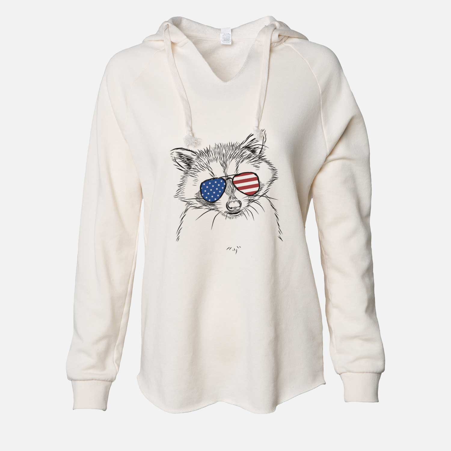 Hand-drawn sketch of Randy the Raccoon wearing American flag sunglasses on a Bone Cali Wave Hooded Sweatshirt